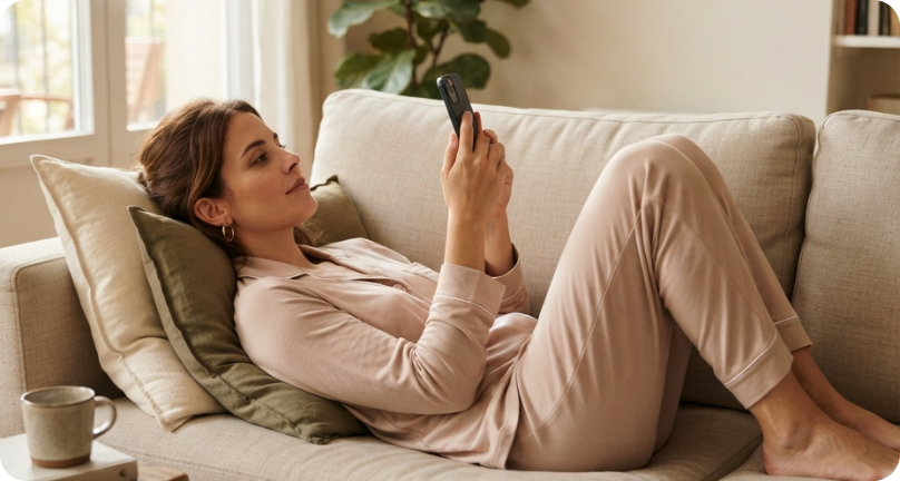 Una mujer consulta su móvil mientras descansa en el sofá