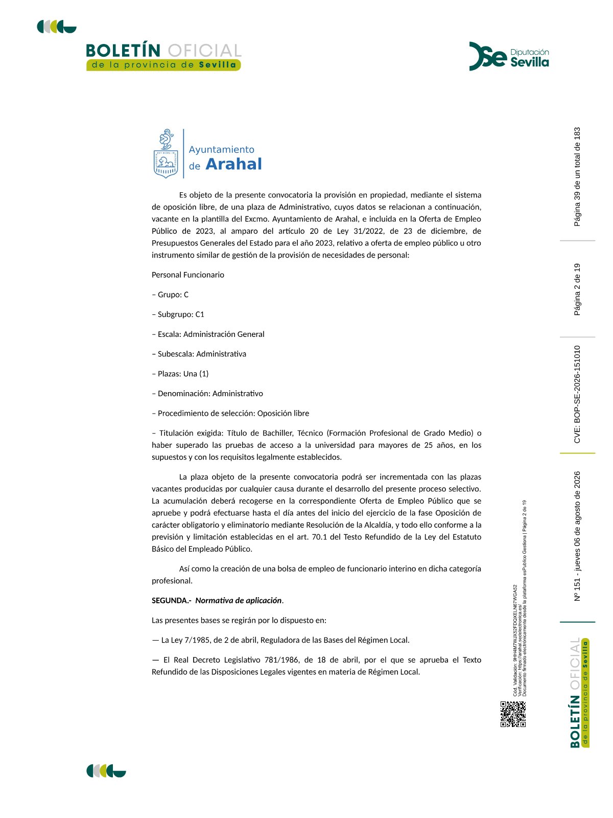 Página 2 de las bases de Administrativo Ayuntamiento de Arahal 2026