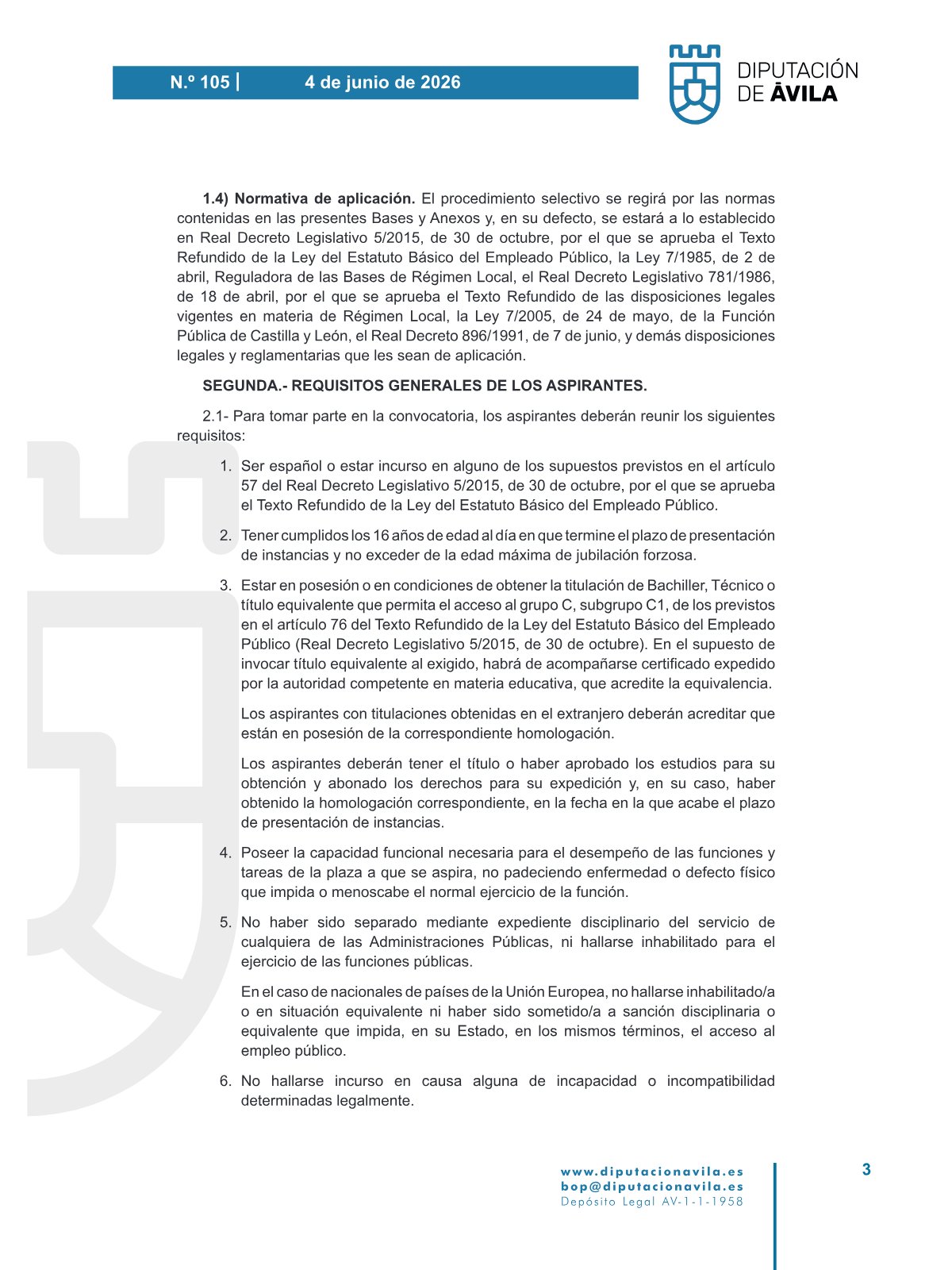Página 2 de las bases de Administrativo Ayuntamiento de Ávila 2026