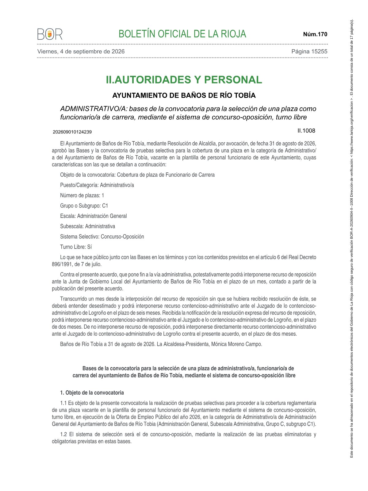 Página 1 de las bases de Administrativo Ayuntamiento de Baños de Río Tobía 2026