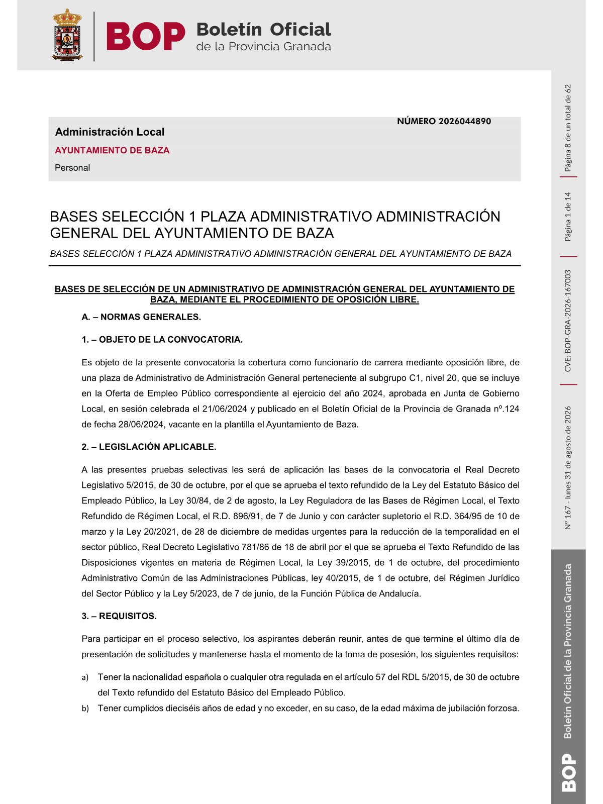 Página 1 de las bases de Administrativo Ayuntamiento de Baza 2026
