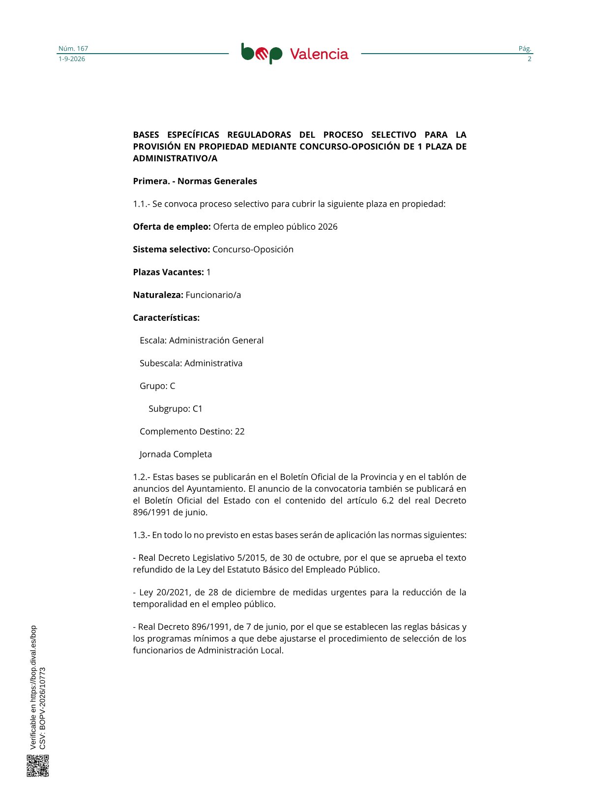 Página 2 de las bases de Administrativo Ayuntamiento de Benavites 2026