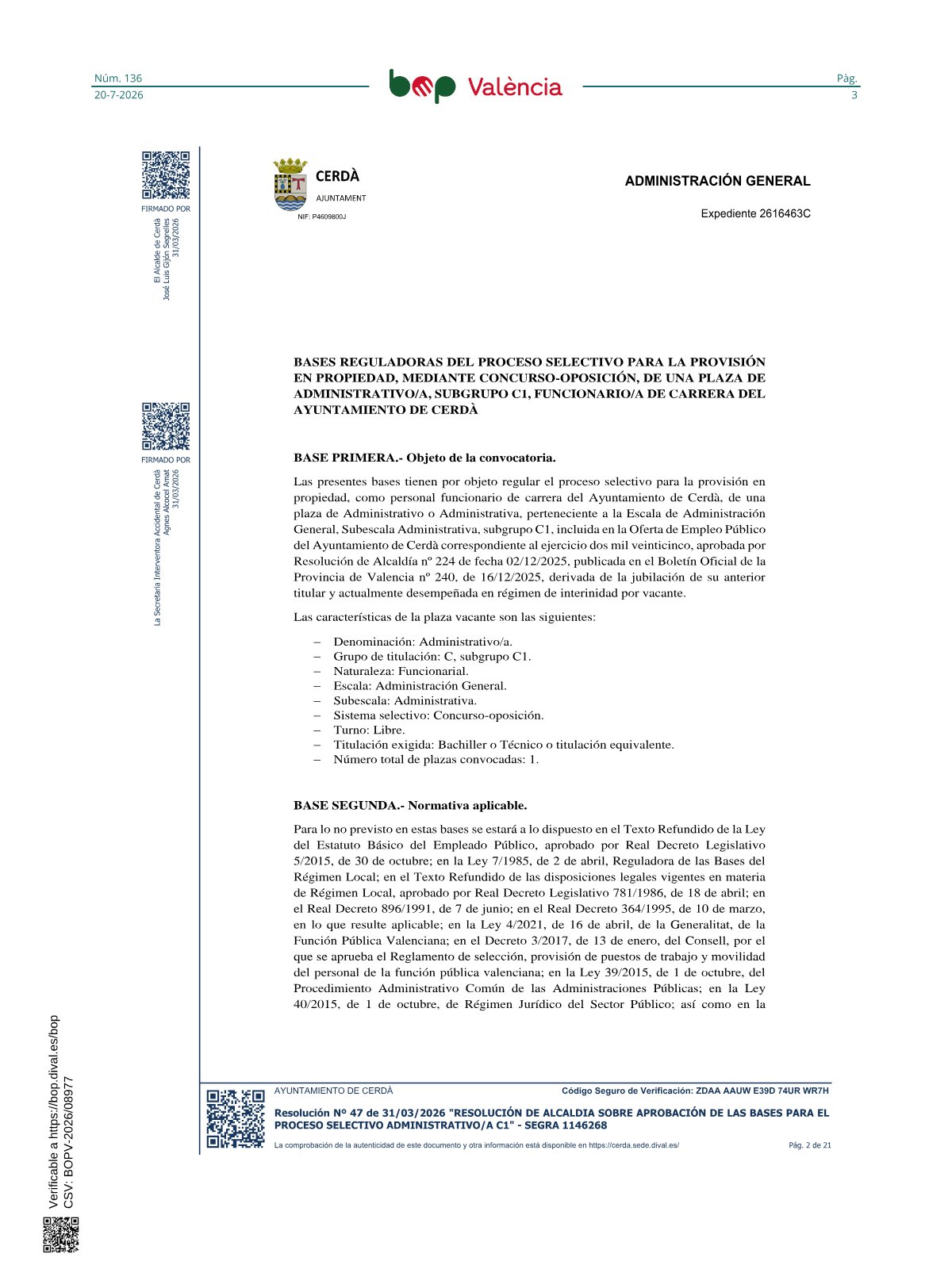 Página 3 de las bases de Administrativo Ayuntamiento de Cerdà 2026