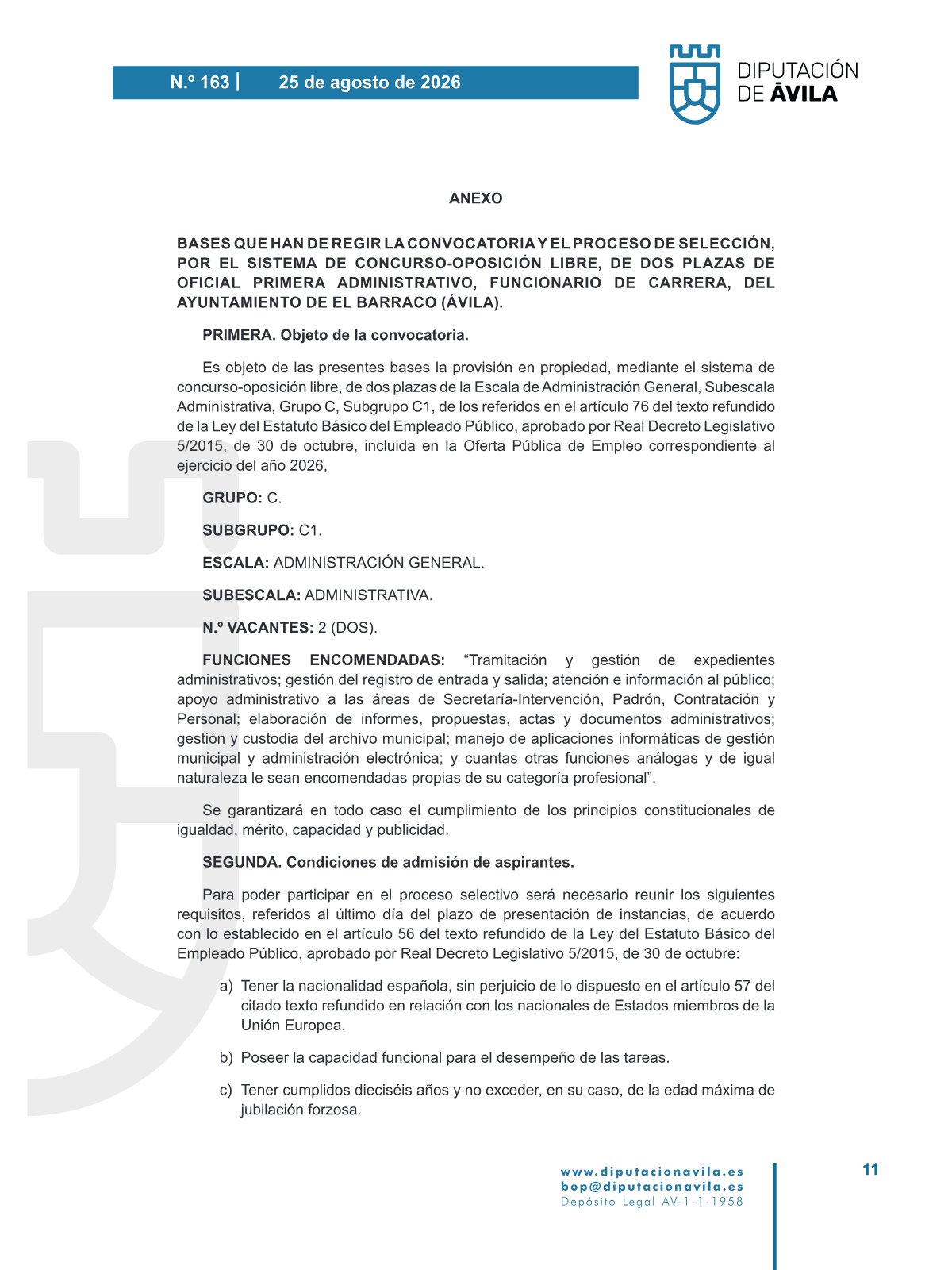 Página 3 de las bases de Administrativo Ayuntamiento de El Barraco 2026