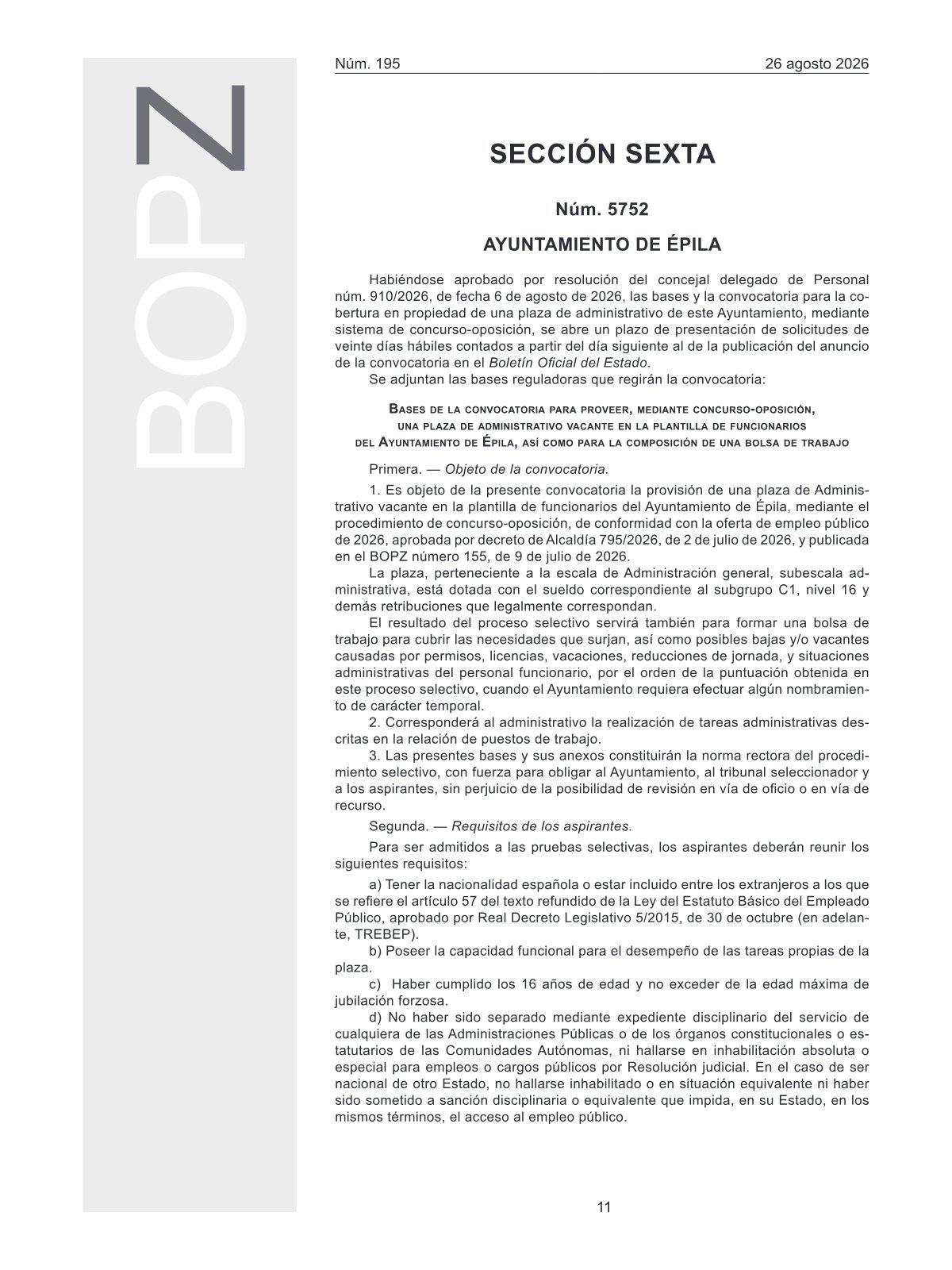 Página 1 de las bases de Administrativo Ayuntamiento de Épila 2026