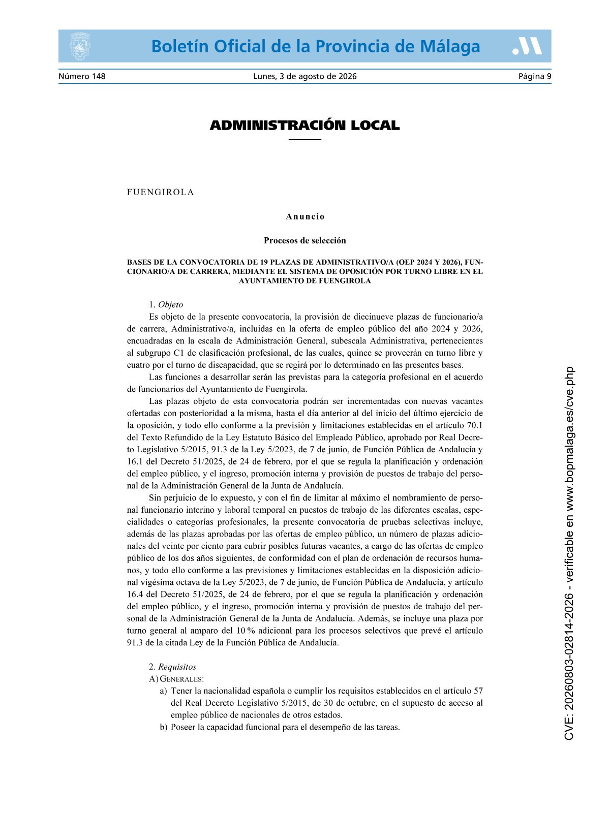 Página 1 de las bases de Administrativo Ayuntamiento de Fuengirola 2026