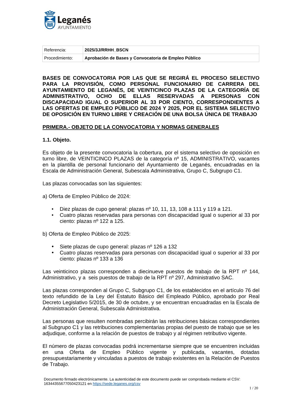 Página 1 de las bases de Administrativo Ayuntamiento de Leganés 2026