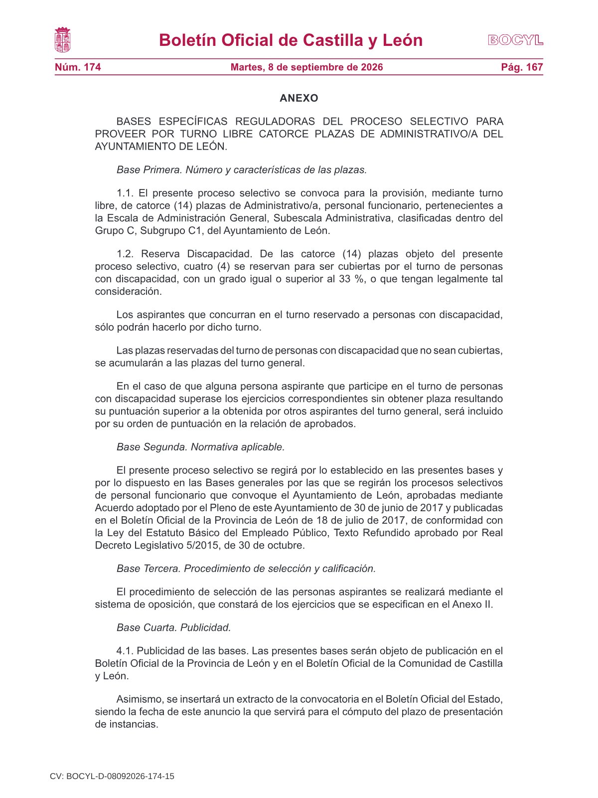 Página 2 de las bases de Administrativo Ayuntamiento de León 2026