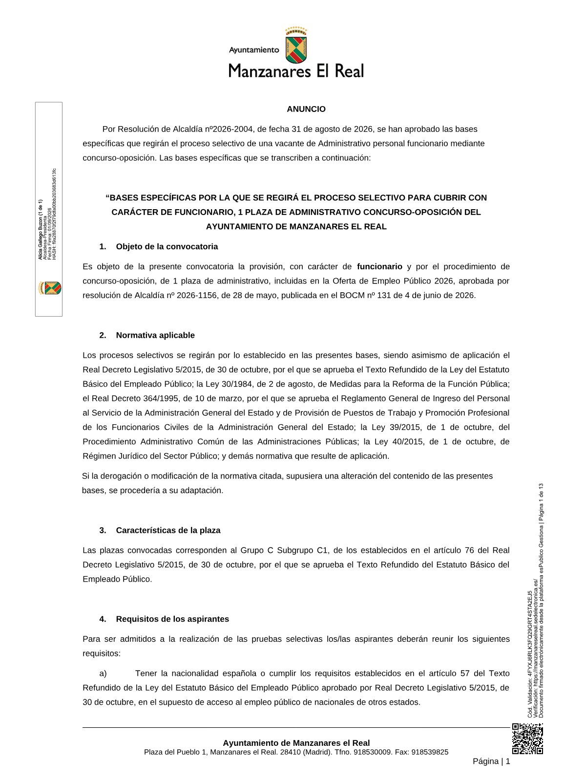 Página 1 de las bases de Administrativo Ayuntamiento de Manzanares el Real 2026