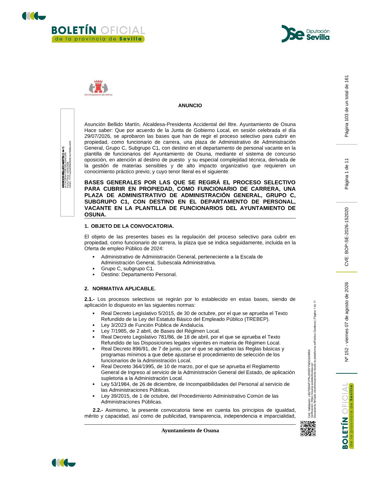 Página 1 de las bases de Administrativo Ayuntamiento de Osuna 2026