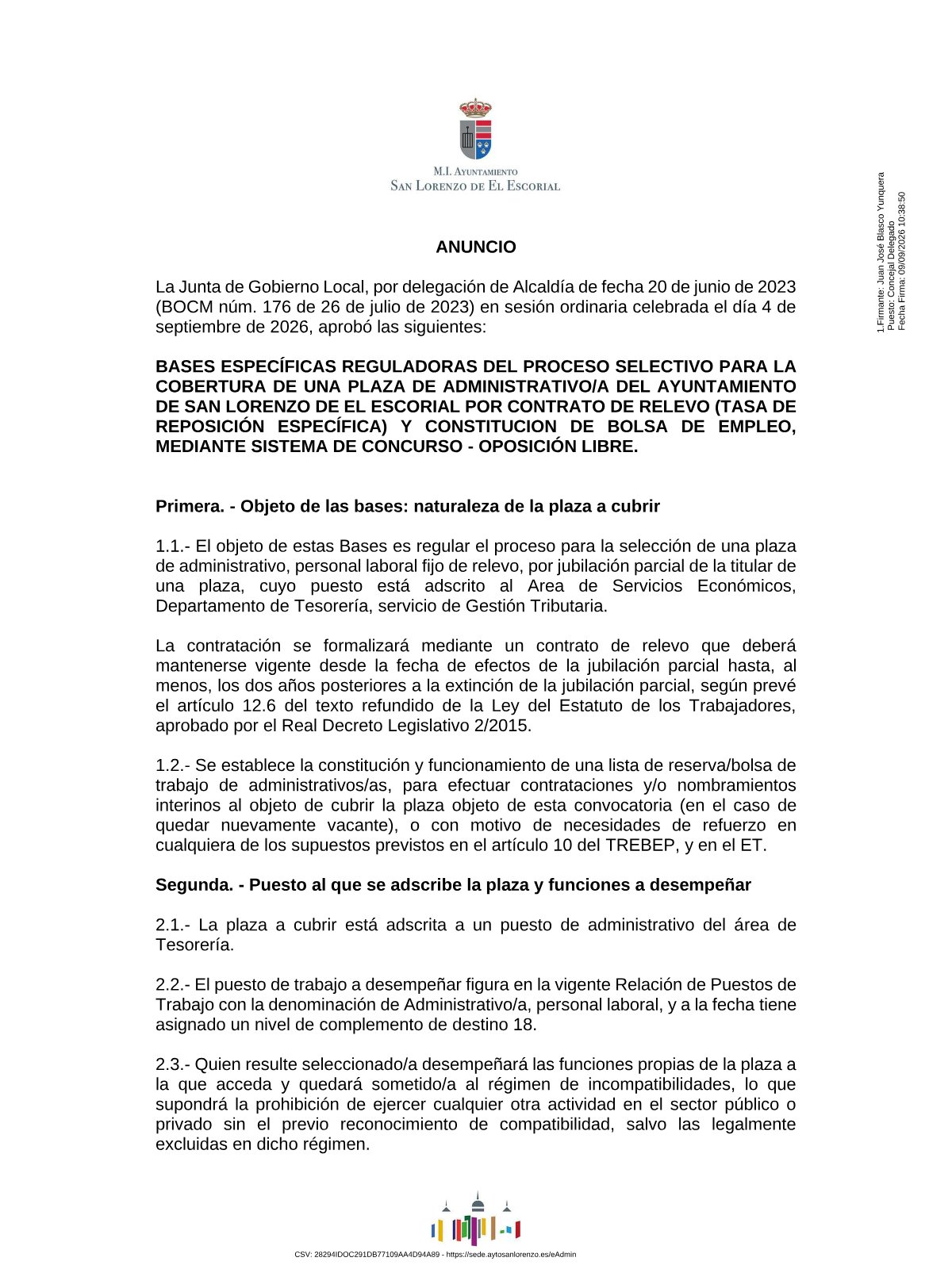 Página 1 de las bases de Administrativo Ayuntamiento de San Lorenzo de El Escorial 2026