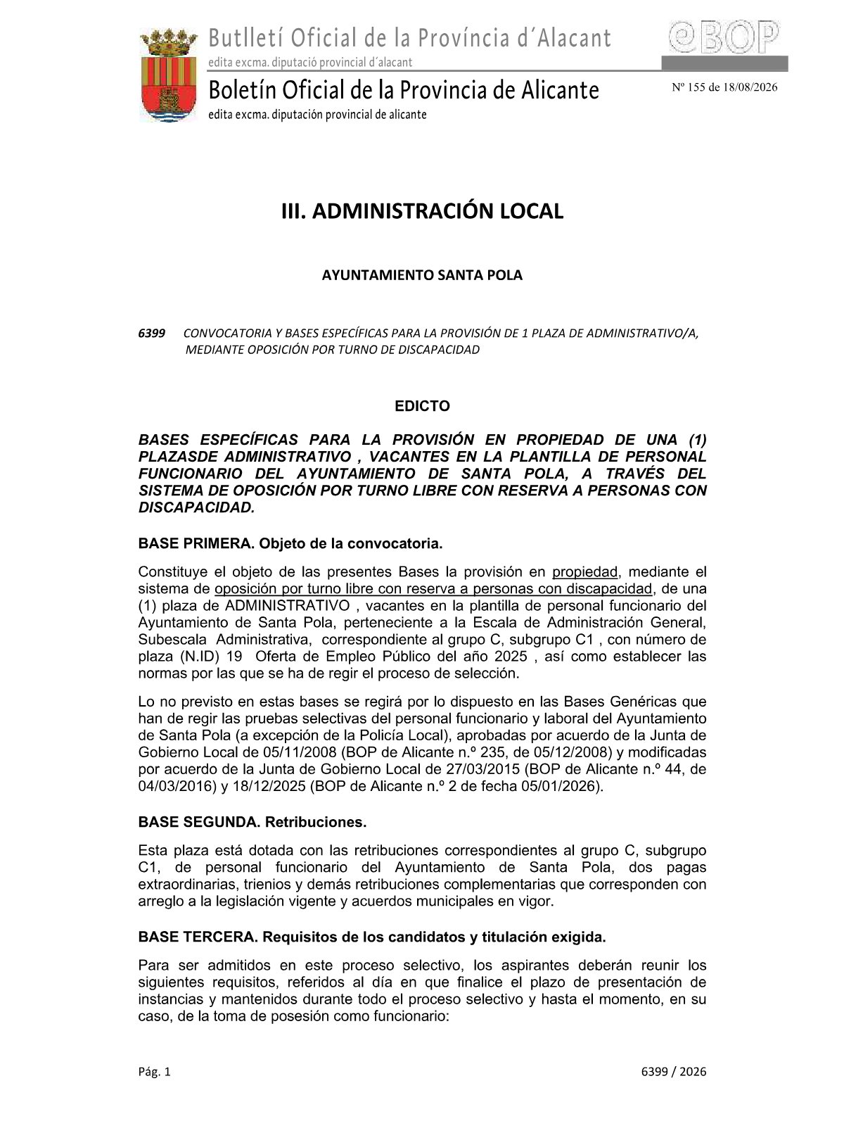Página 1 de las bases de Administrativo Ayuntamiento de Santa Pola 2026 — discapacidad