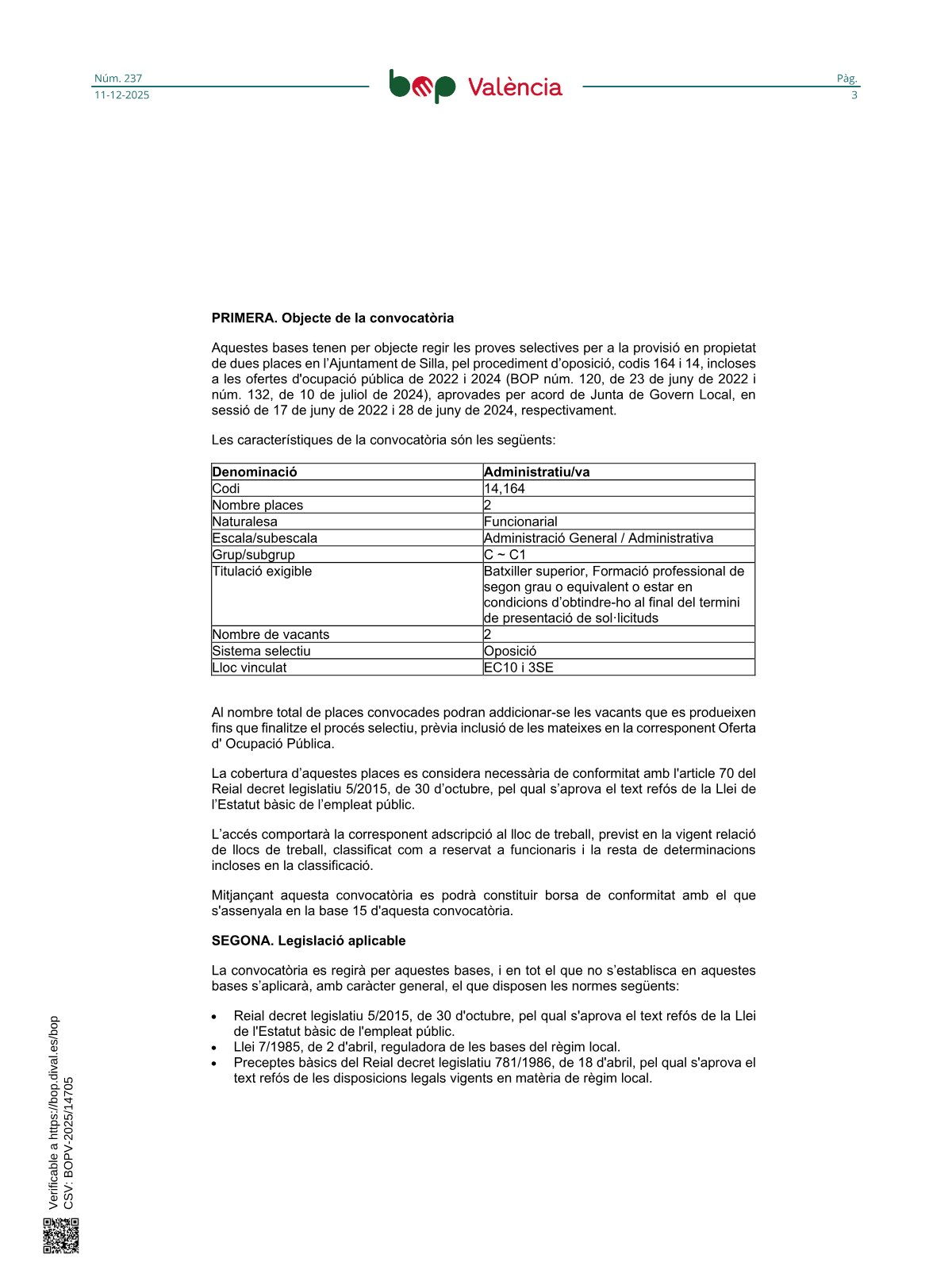 Página 3 de las bases de Administrativo Ayuntamiento de Silla 2026
