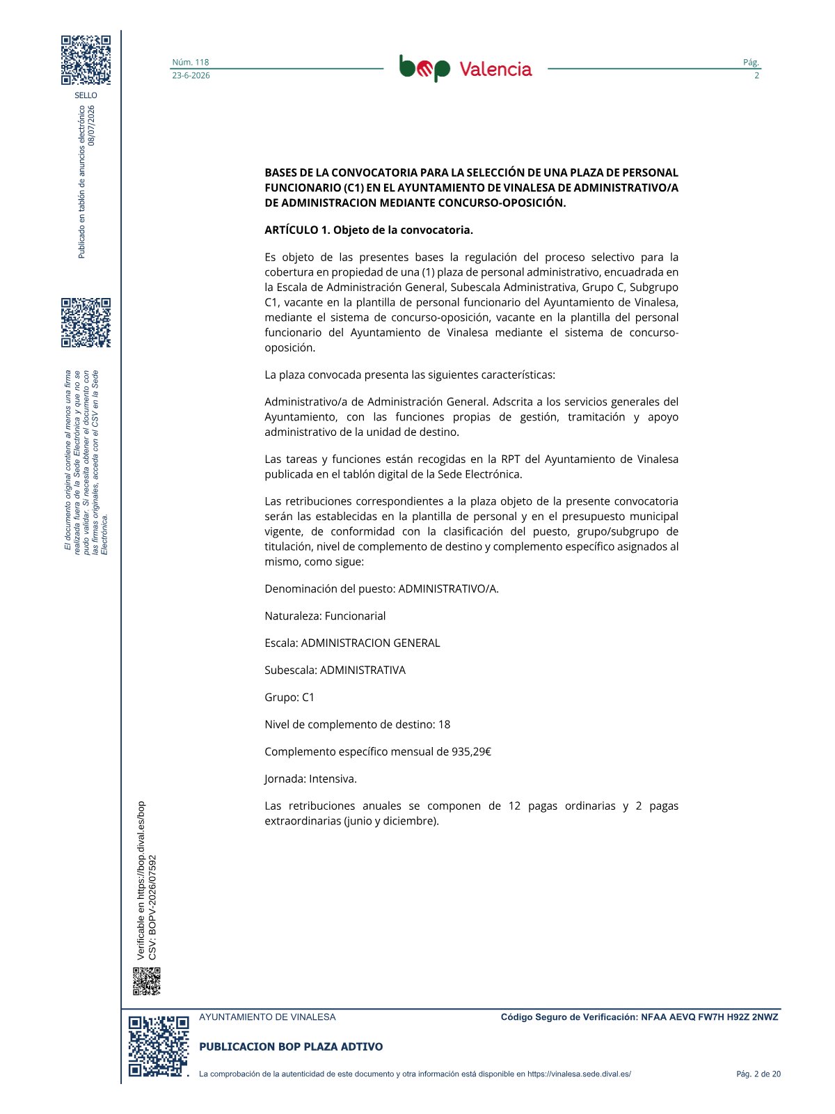 Página 2 de las bases de Administrativo Ayuntamiento de Vinalesa 2026