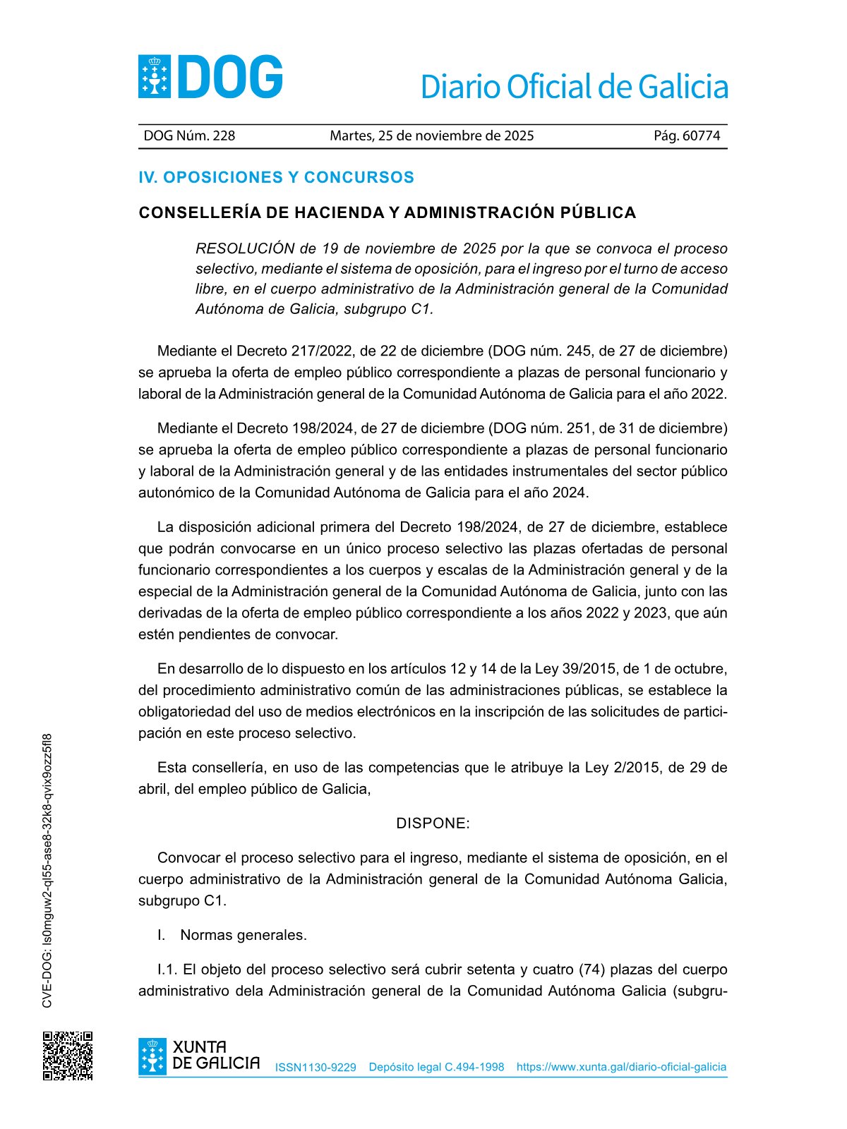Página 1 de las bases de Administrativo C1 Xunta de Galicia 2025
