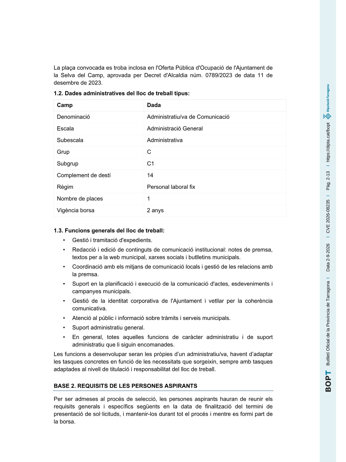 Página 2 de las bases de Administrativo de Comunicación Ayuntamiento de La Selva del Camp 2026
