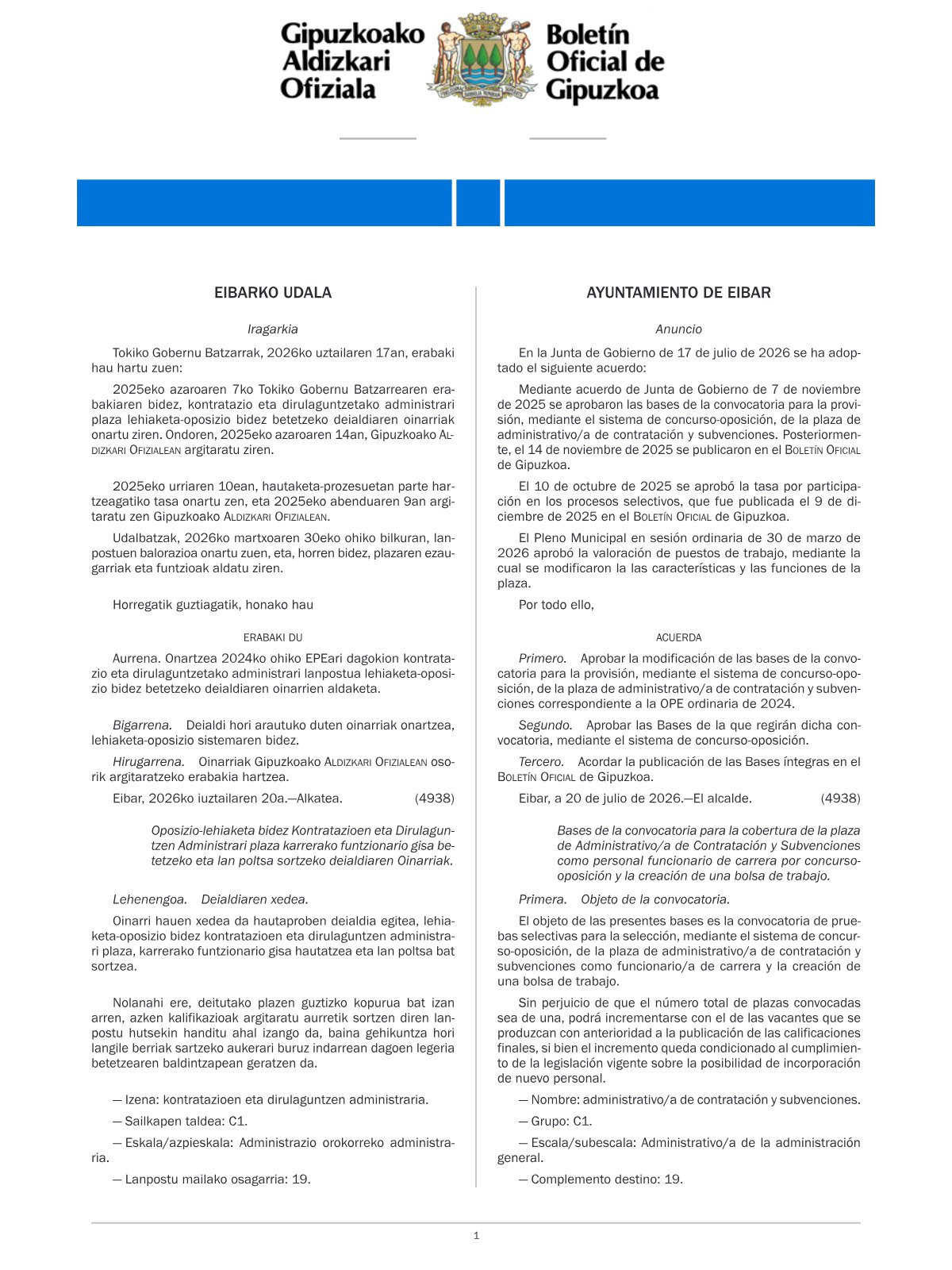 Página 1 de las bases de Administrativo de Contratación y Subvenciones Ayuntamiento de Eibar 2026