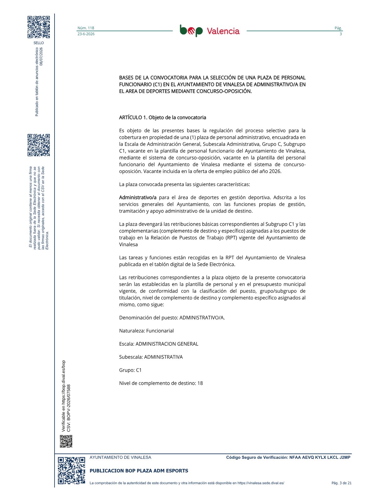 Página 3 de las bases de Administrativo de Deportes Ayuntamiento de Vinalesa 2026