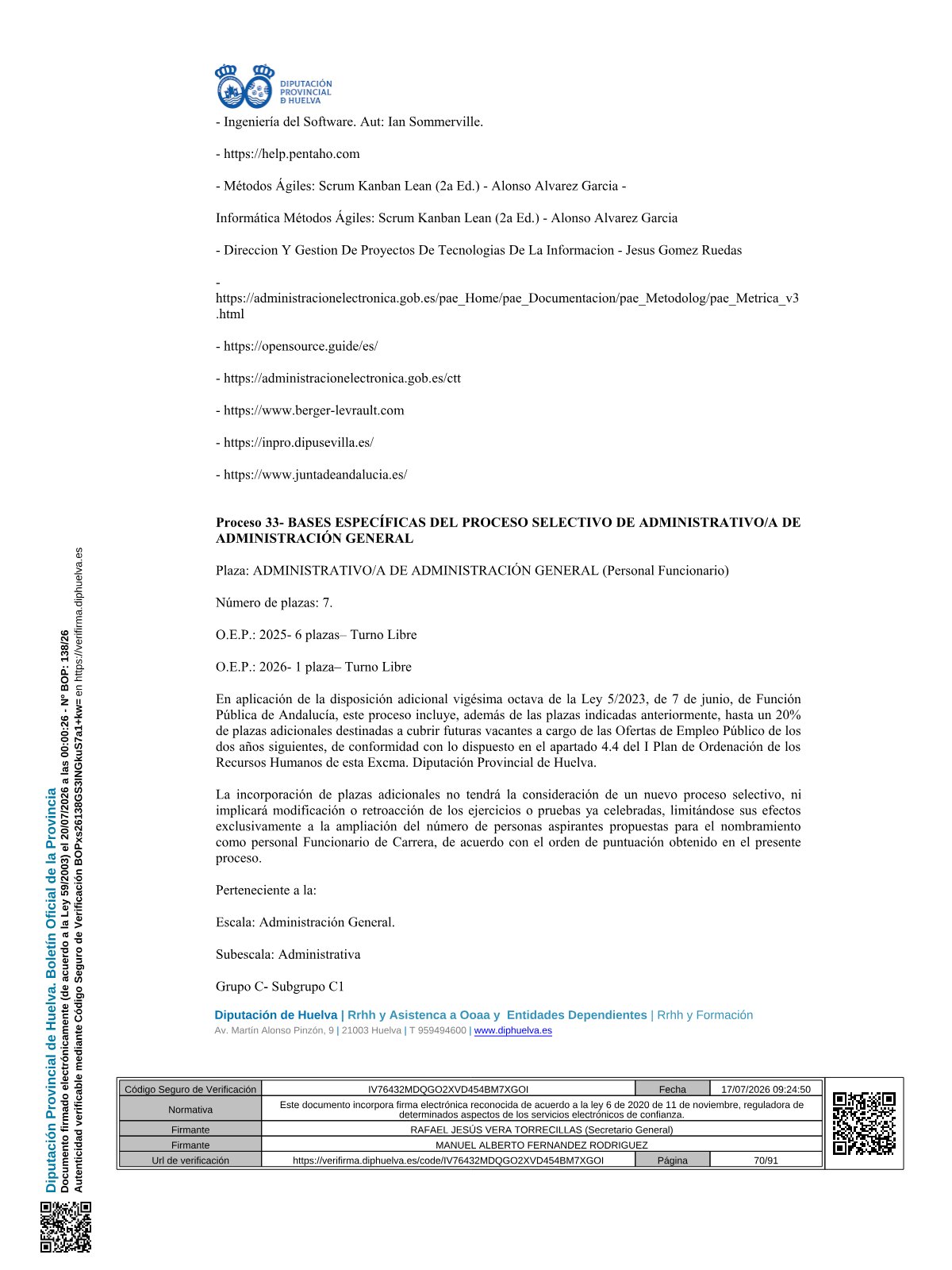Página 70 de las bases de Administrativo Diputación de Huelva 2026