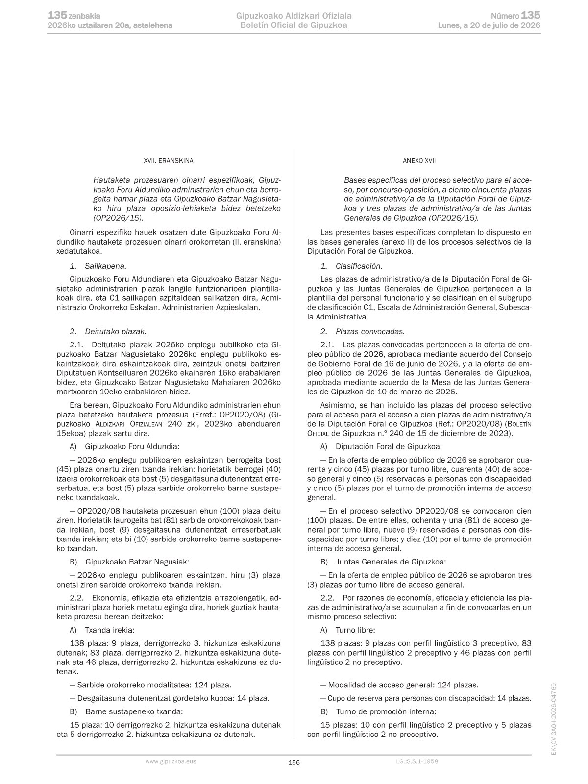 Página 1 de las bases de Administrativo Diputación Foral y Juntas Generales de Gipuzkoa C1 2026 — turno libre