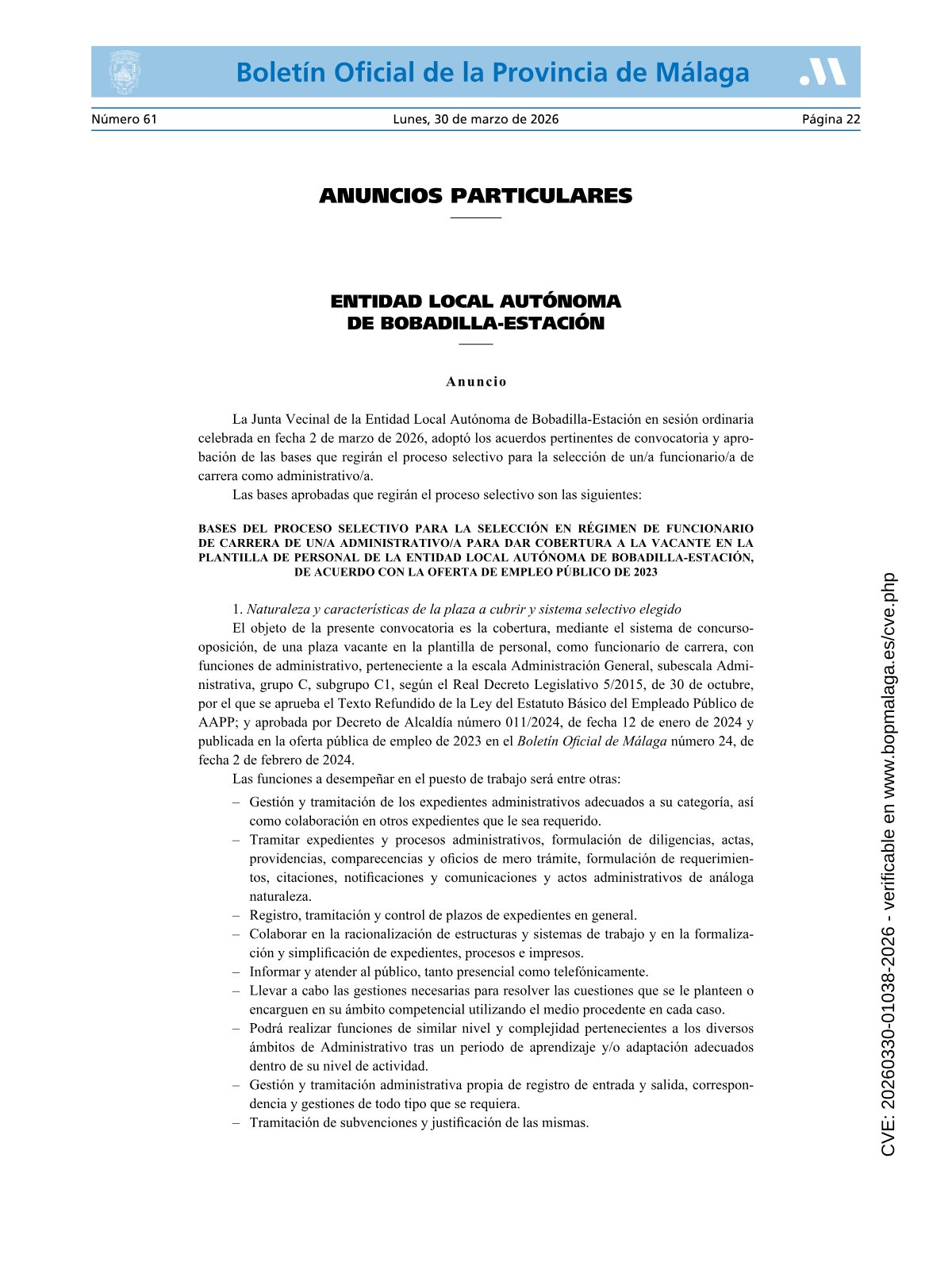 Página 1 de las bases de Administrativo Entidad Local Autónoma de Bobadilla-Estación 2026