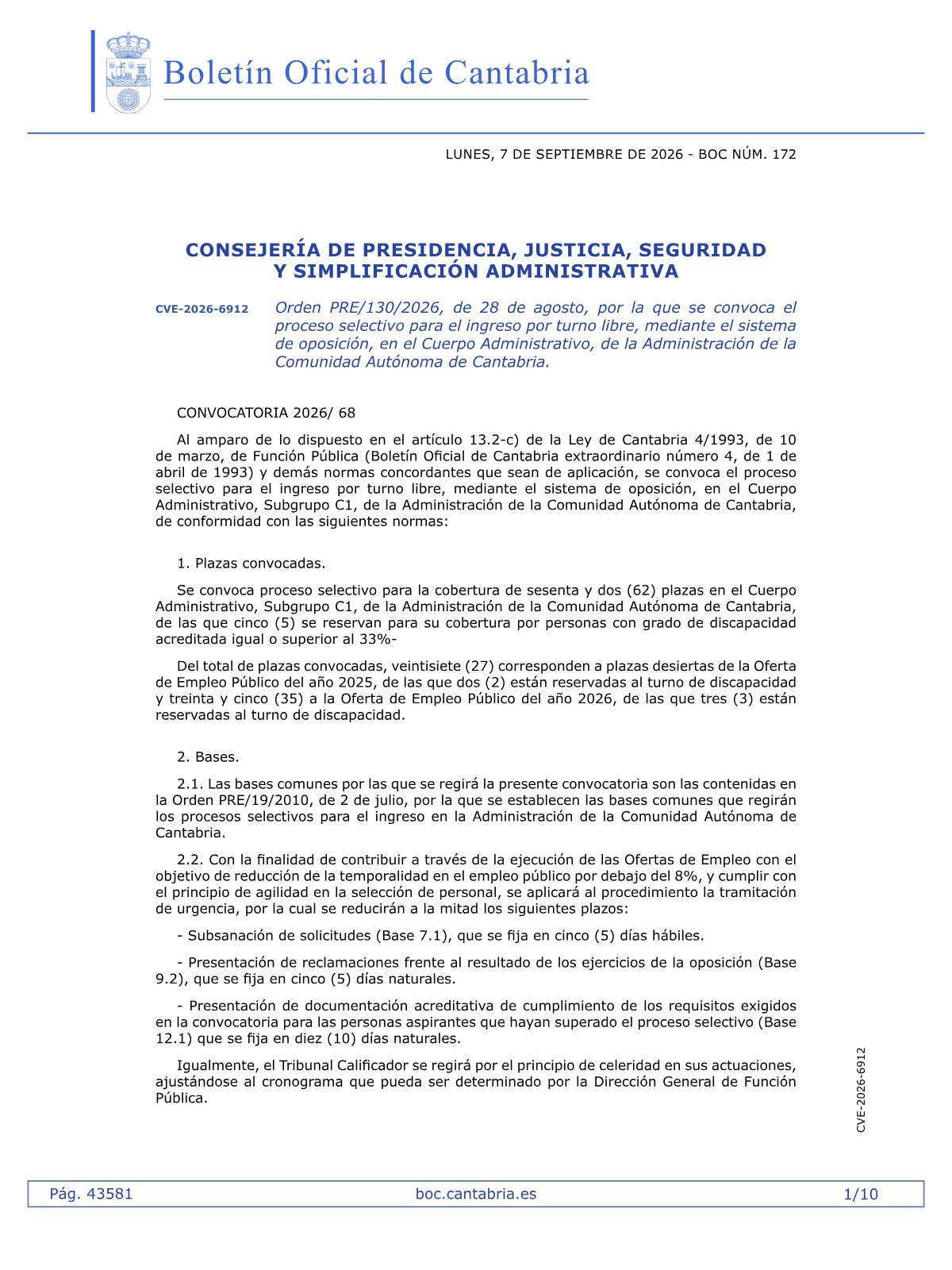 Página 1 de las bases de Administrativo Gobierno de Cantabria 2026