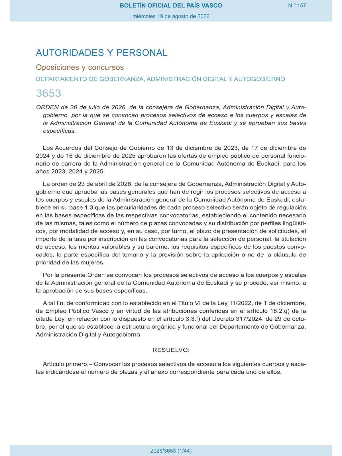 Página 1 de las bases de Administrativo del Gobierno Vasco C1 2026 — turno libre