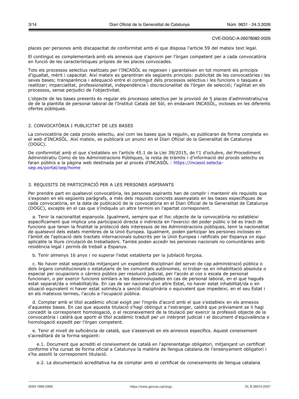 Página 3 de las bases de Administrativo Incasòl 2026