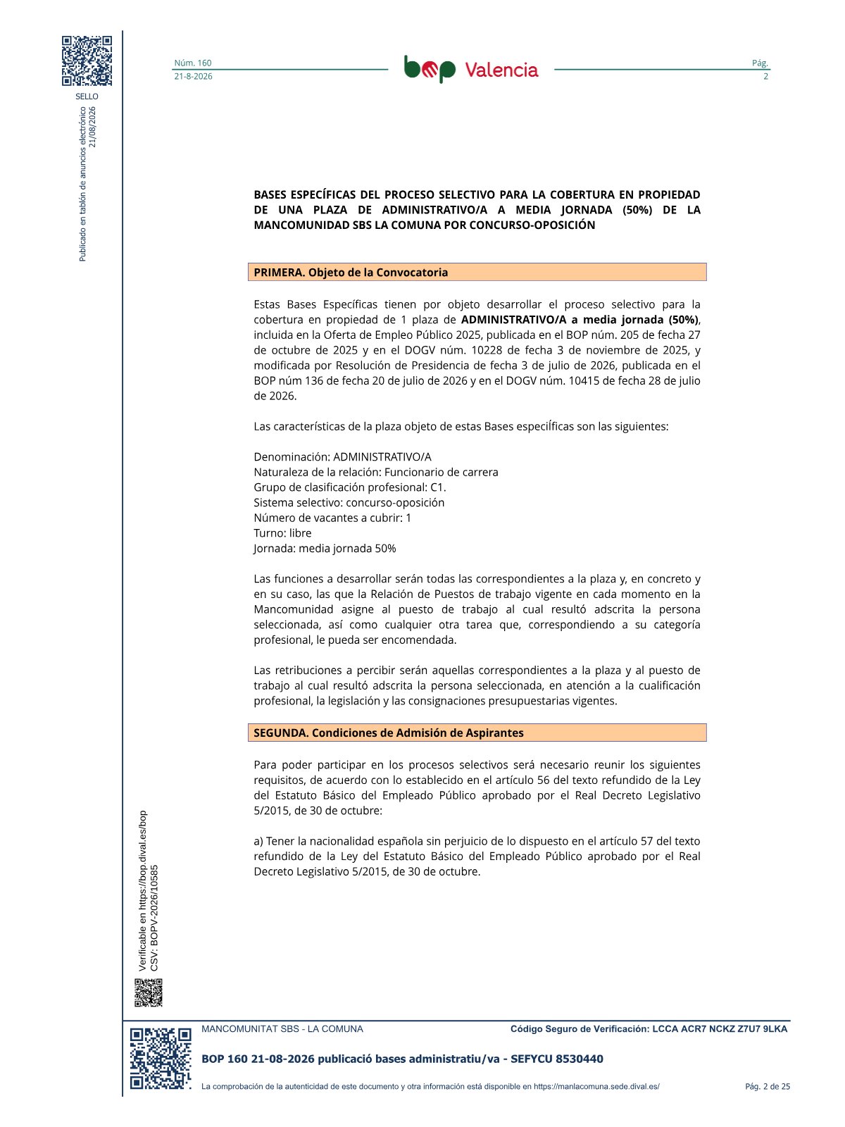 Página 2 de las bases de Administrativo Mancomunidad La Comuna 2026