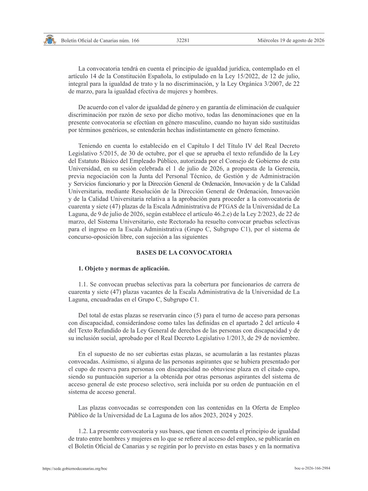 Página 2 de las bases de Administrativo Universidad de La Laguna 2026