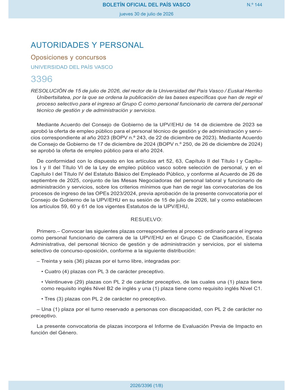 Página 1 de las bases de Administrativo Universidad del País Vasco 2026