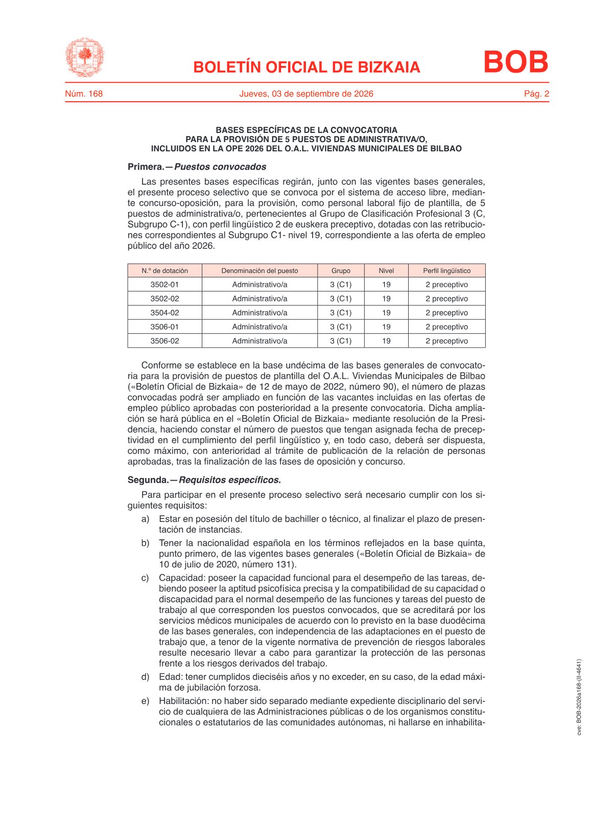 Página 2 de las bases de Administrativo Viviendas Municipales de Bilbao 2026