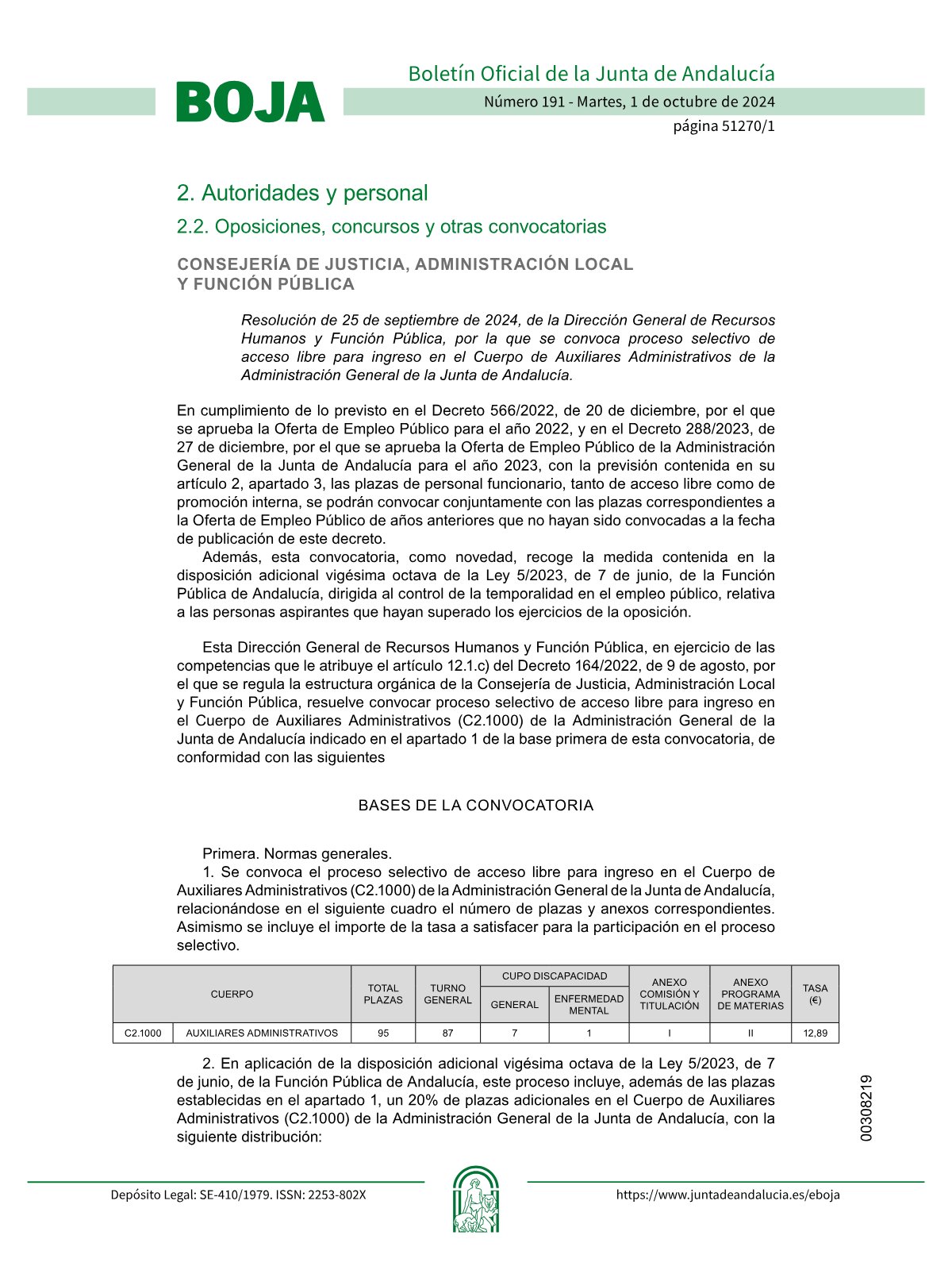 Página 1 de las bases de Auxiliar Administrativo Junta de Andalucía 2024