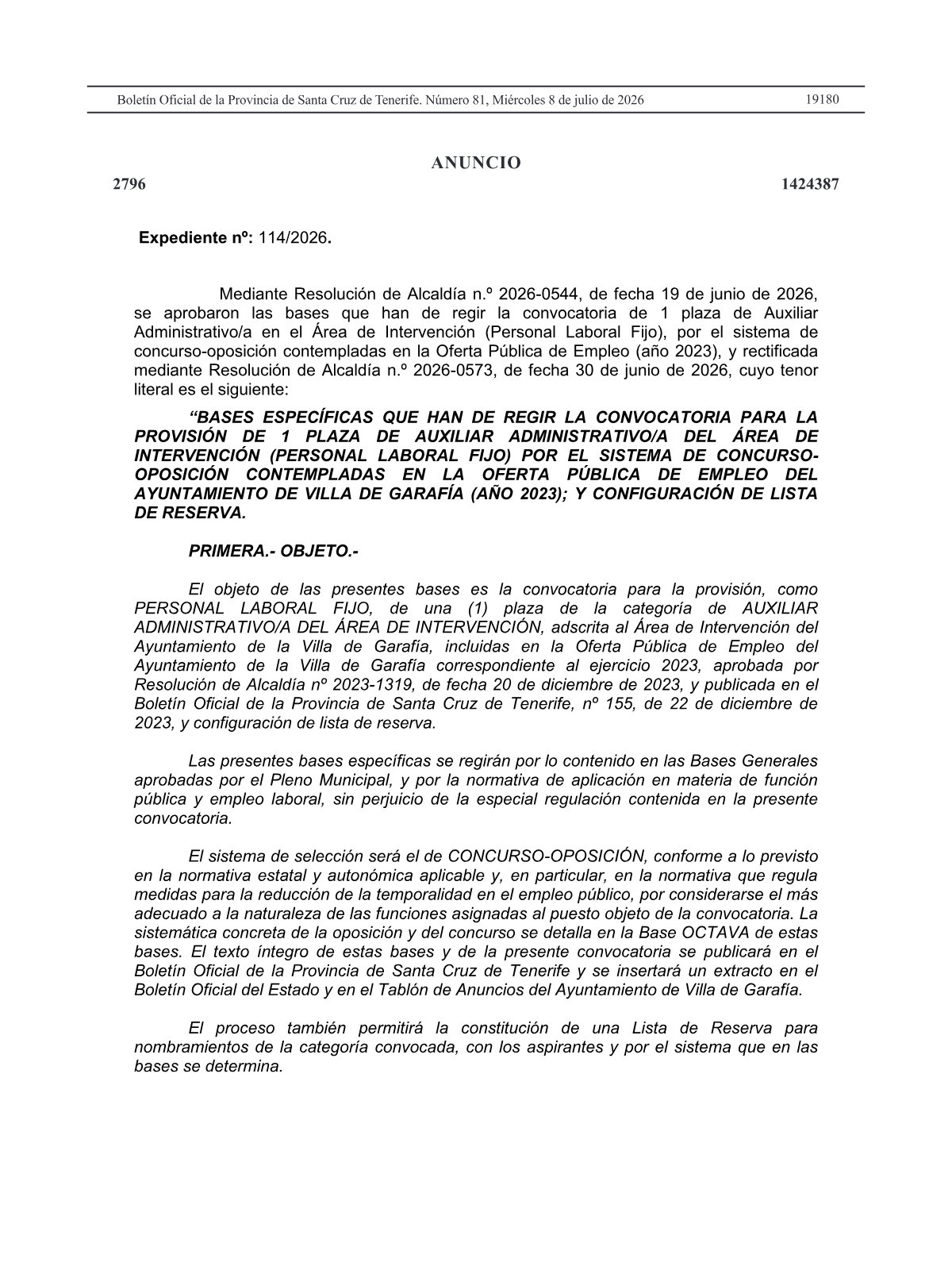 Página 169 de las bases de Auxiliar Administrativo Área de Intervención de Garafía 2026