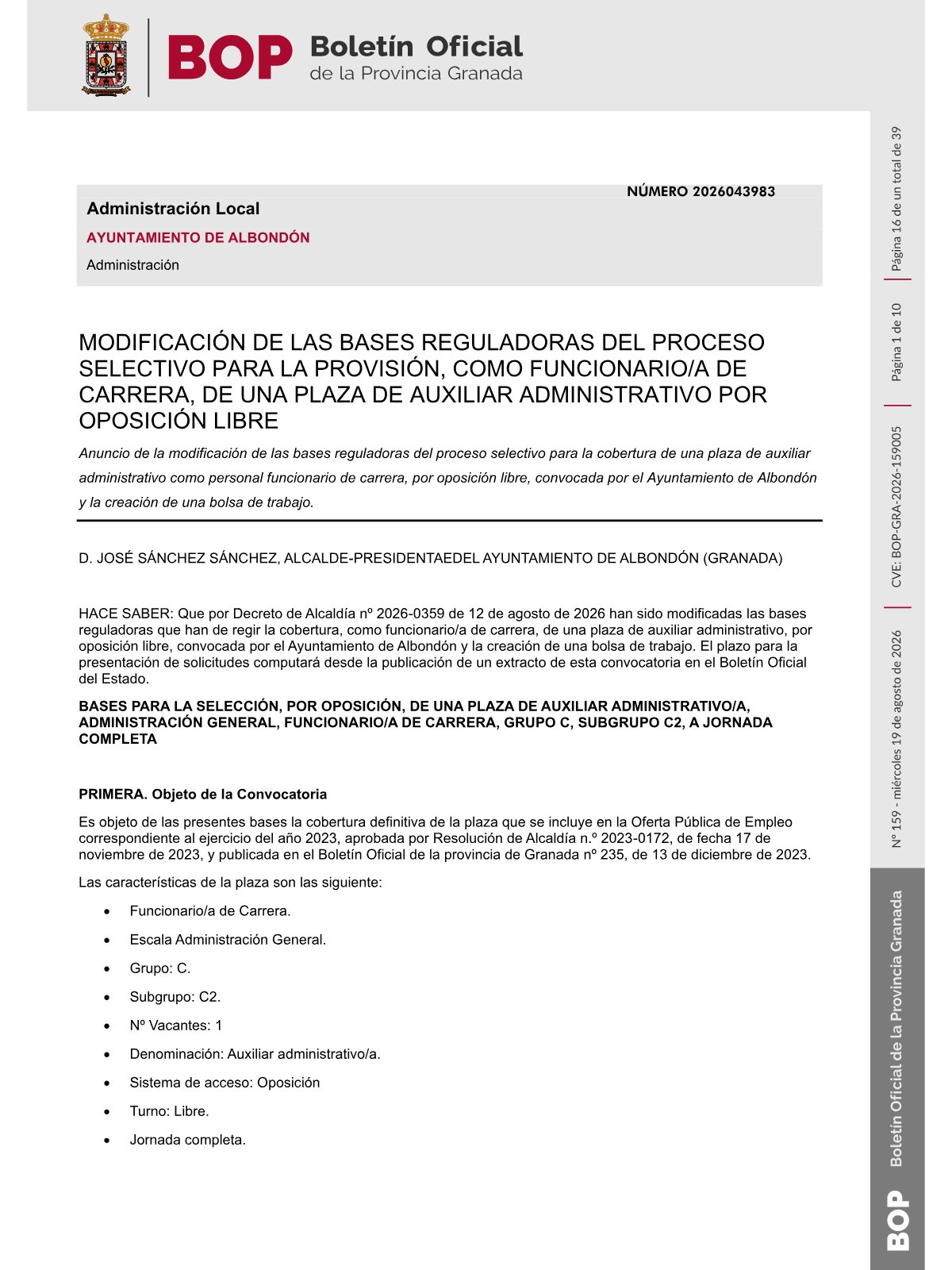 Página 1 de las bases de Auxiliar Administrativo Ayuntamiento de Albondón 2026