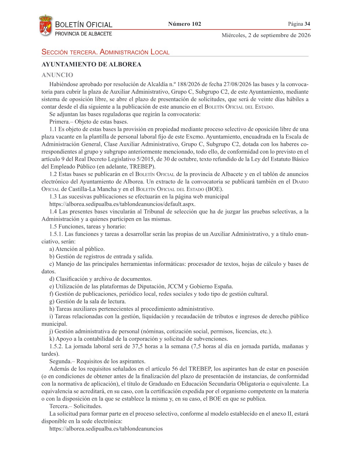 Página 1 de las bases de Auxiliar Administrativo Ayuntamiento de Alborea 2026
