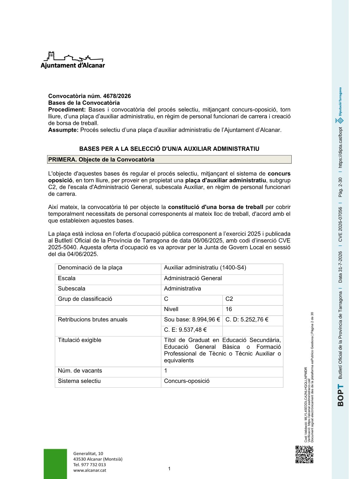 Página 2 de las bases de Auxiliar Administrativo Ayuntamiento de Alcanar 2026
