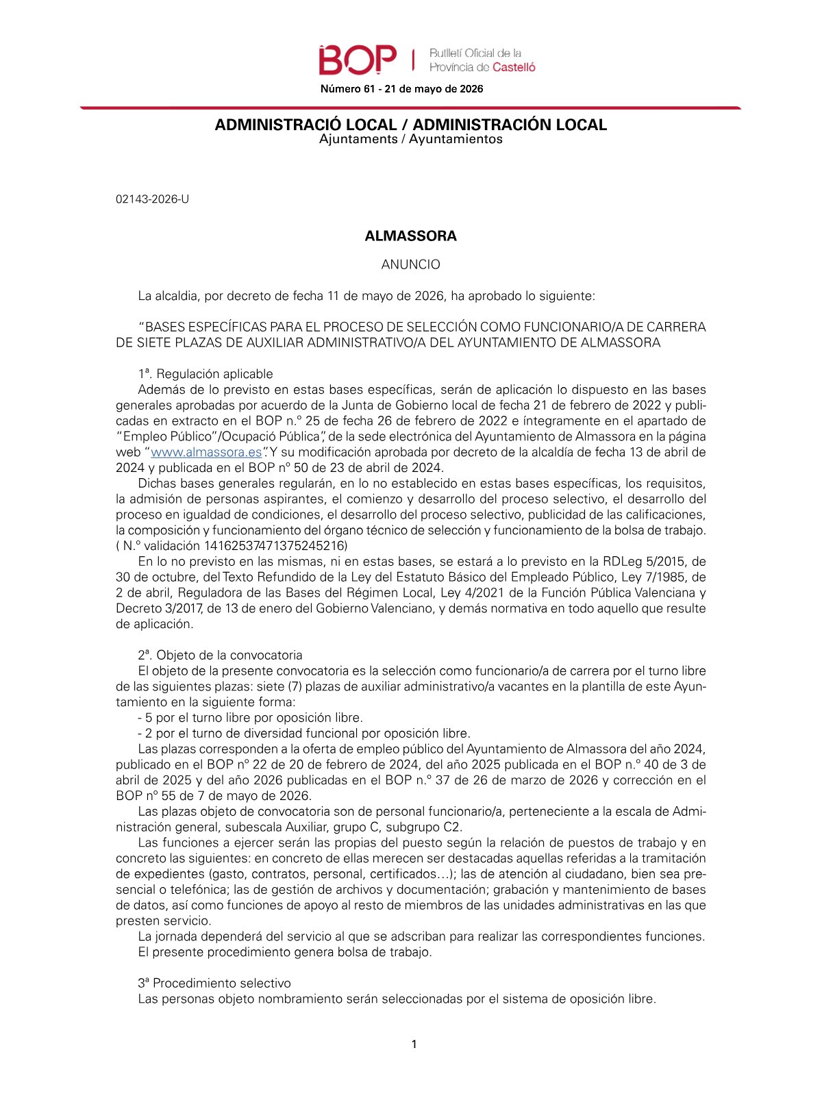Página 1 de las bases de Auxiliar Administrativo Ayuntamiento de Almassora 2026