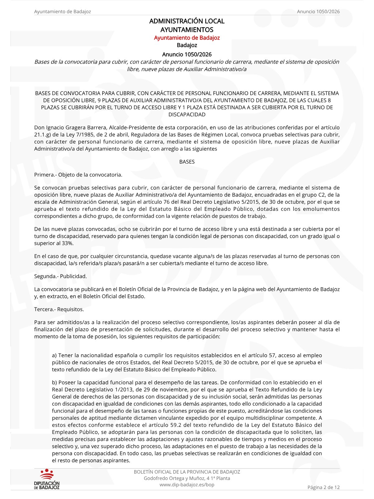 Página 2 de las bases de Auxiliar Administrativo Ayuntamiento de Badajoz 2026