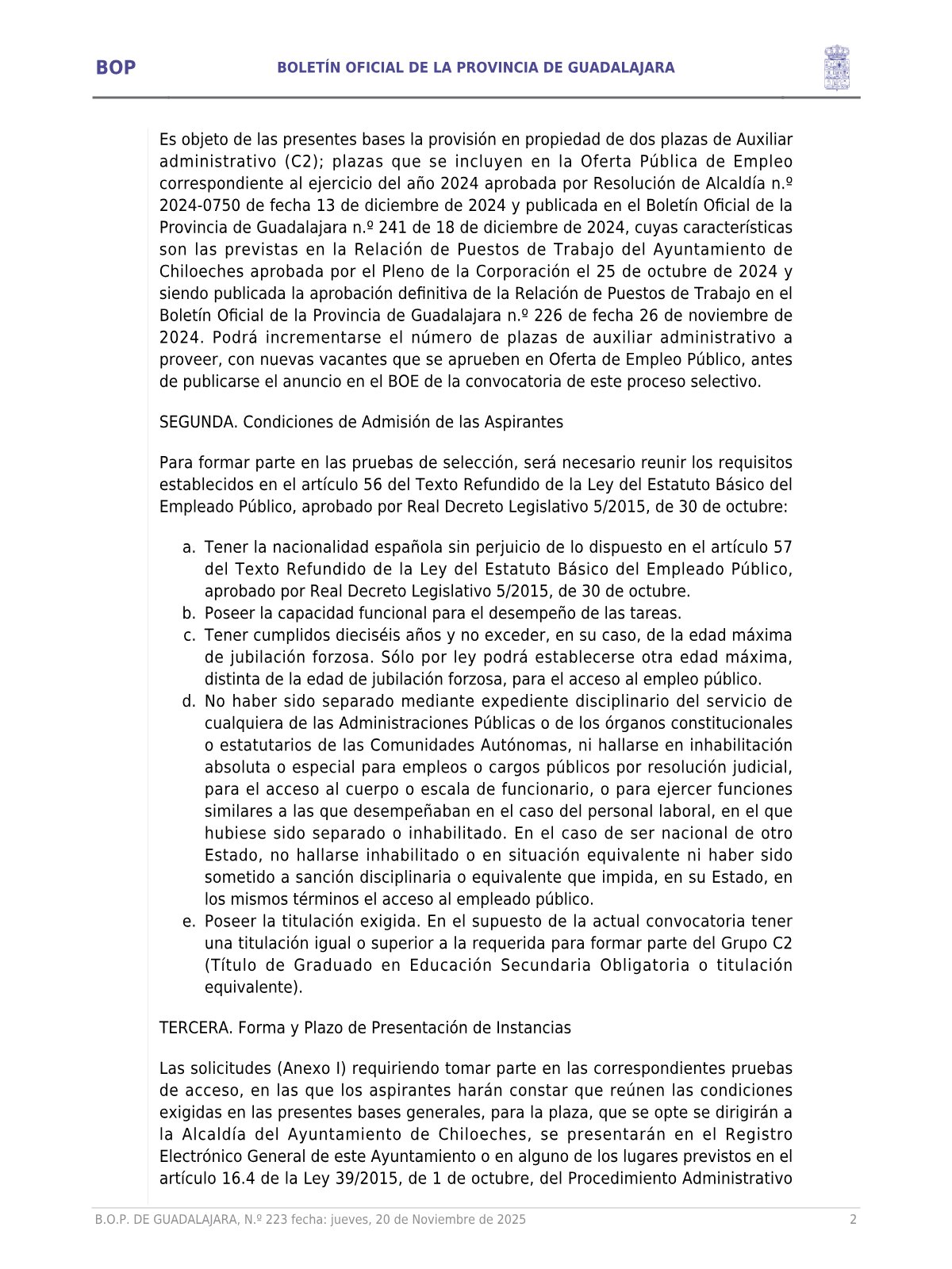 Página 2 de las bases de Auxiliar Administrativo Ayuntamiento de Chiloeches 2026