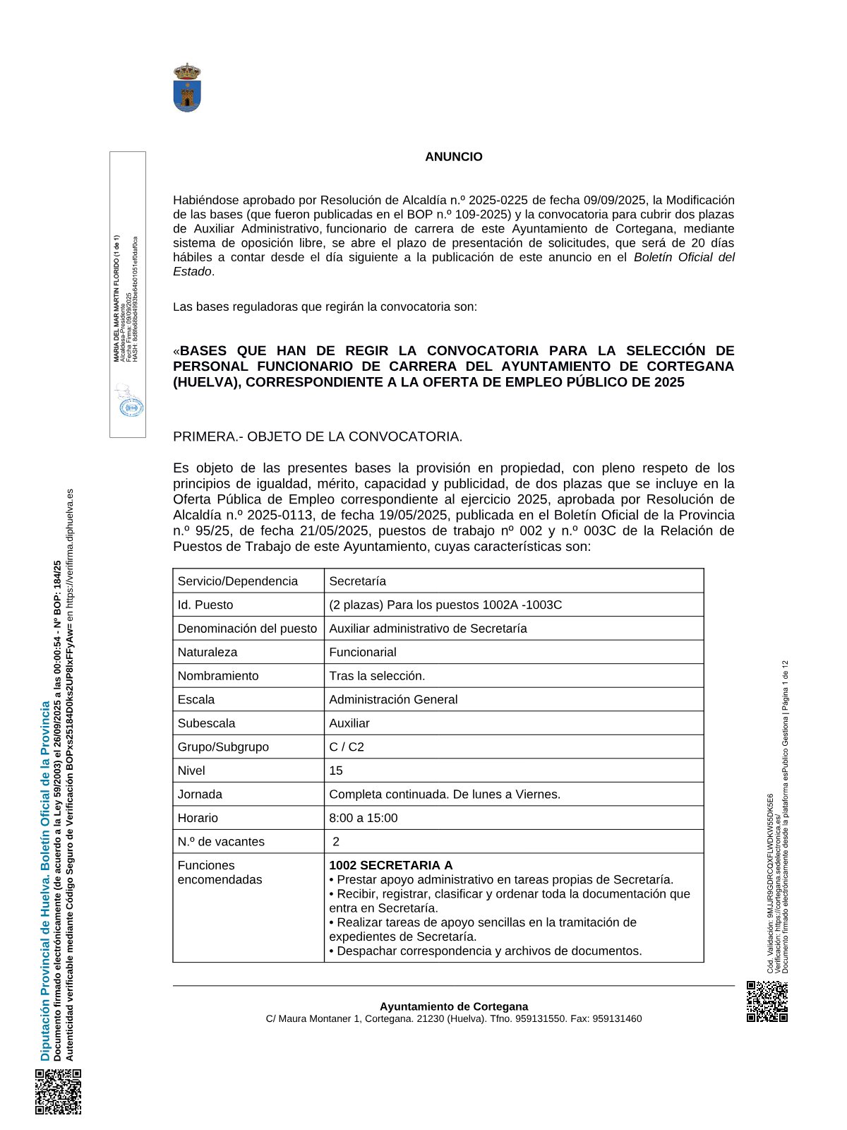 Página 1 de las bases de Auxiliar Administrativo Ayuntamiento de Cortegana 2026