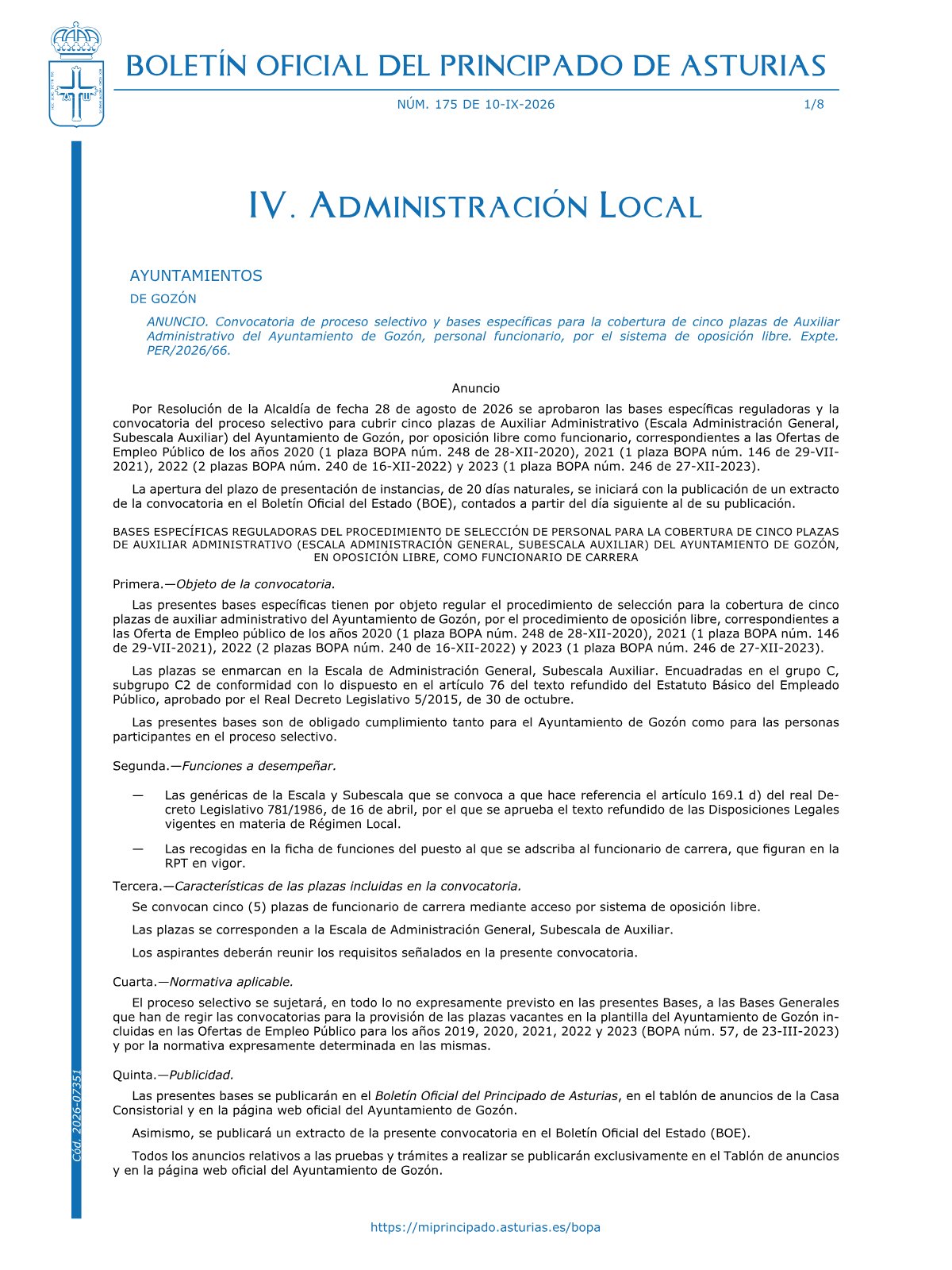 Página 1 de las bases de Auxiliar Administrativo Ayuntamiento de Gozón 2026