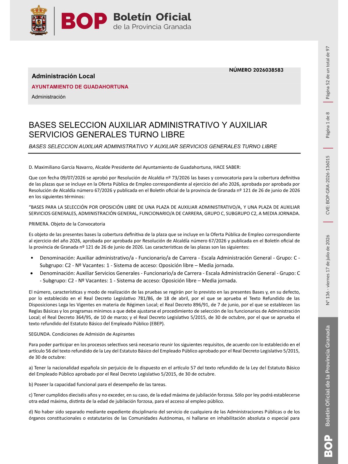 Página 1 de las bases de Auxiliar Administrativo Ayuntamiento de Guadahortuna 2026