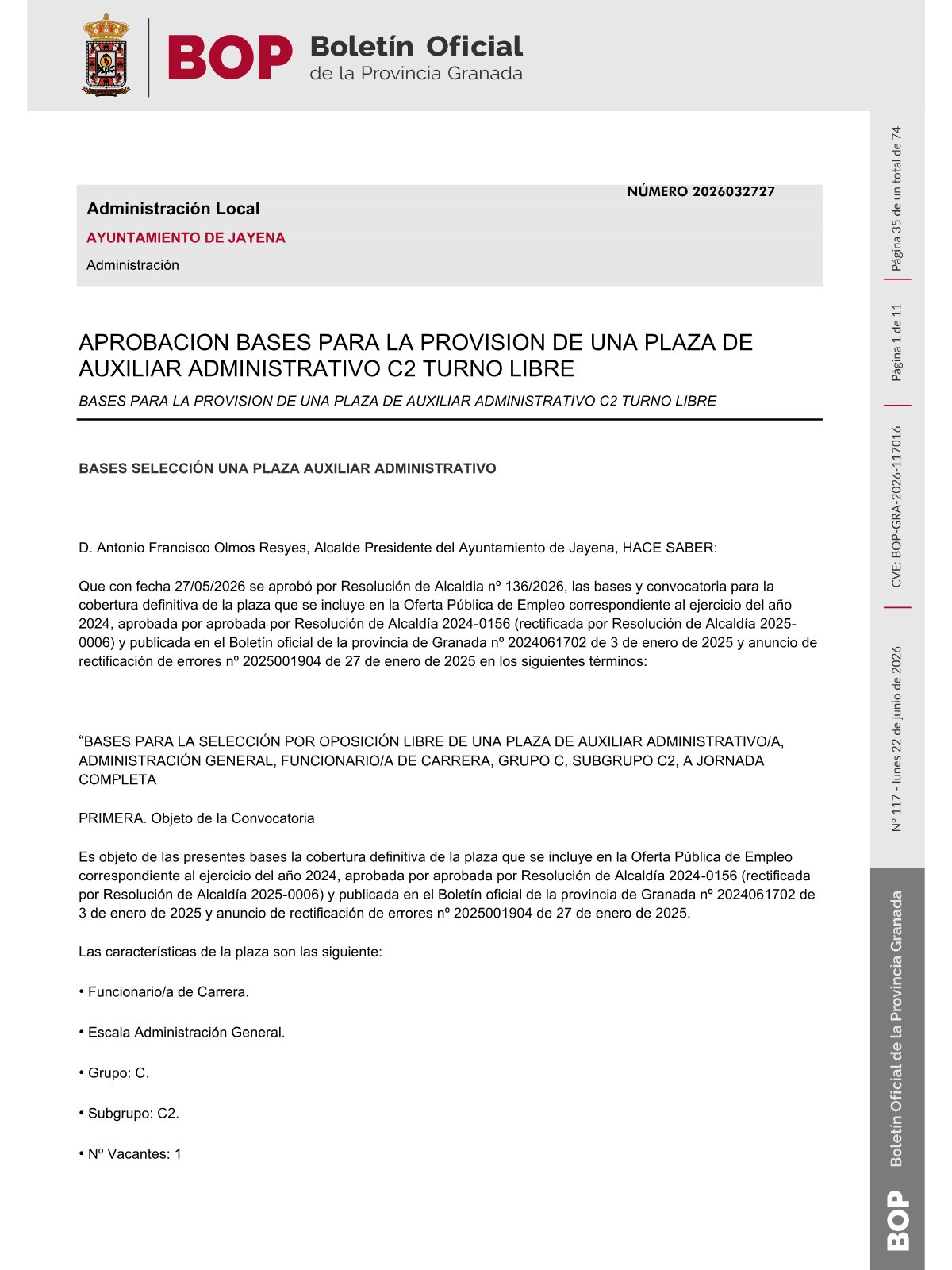 Página 1 de las bases de Auxiliar Administrativo Ayuntamiento de Jayena 2026