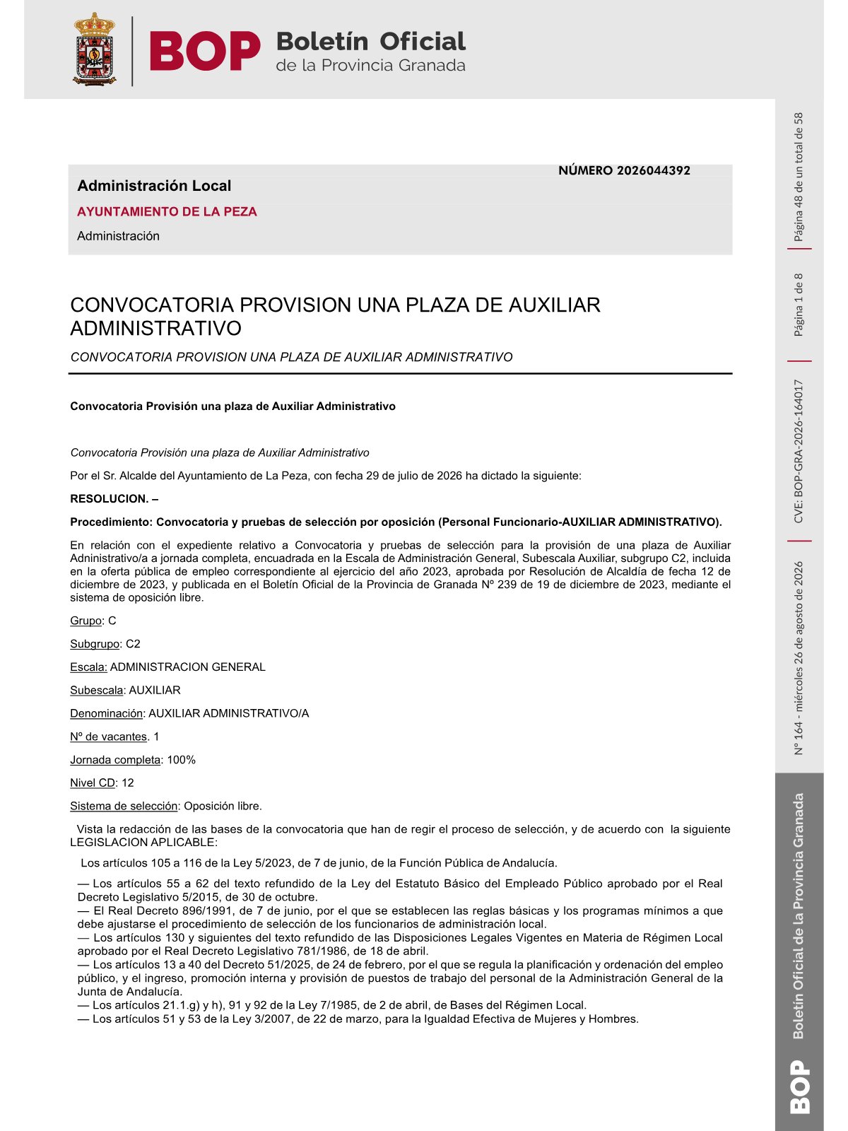 Página 1 de las bases de Auxiliar Administrativo Ayuntamiento de La Peza 2026