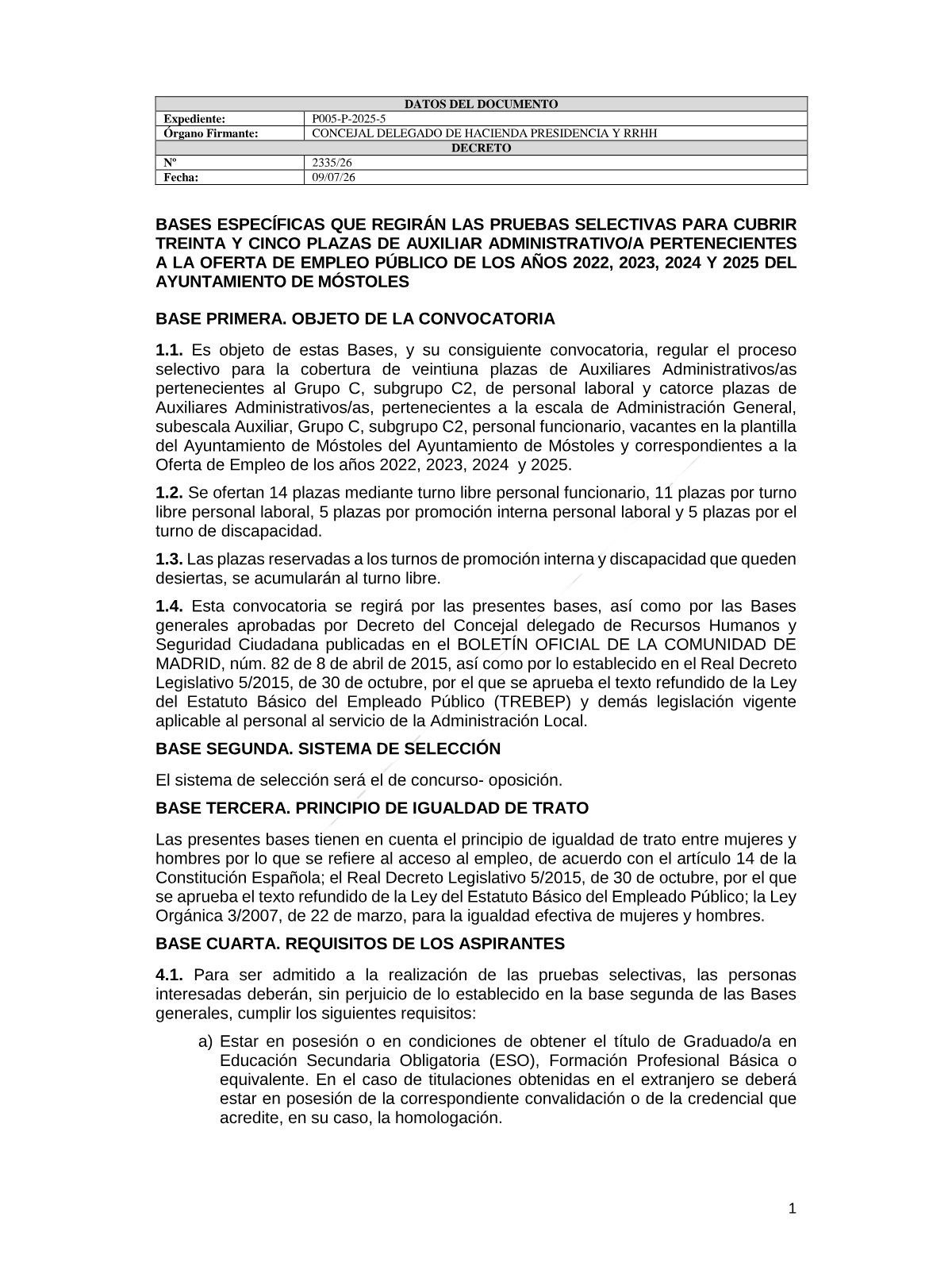 Página 1 de las bases de Auxiliar Administrativo Ayuntamiento de Móstoles 2026