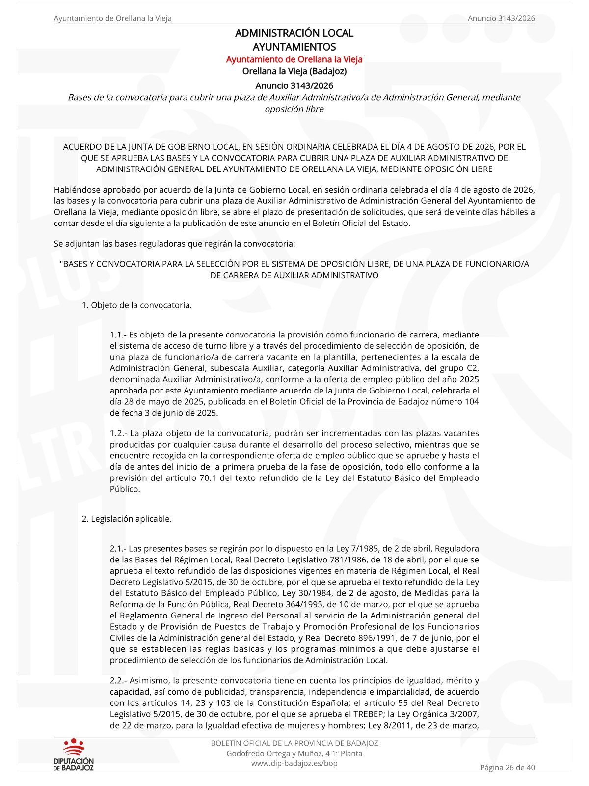 Página 26 de las bases de Auxiliar Administrativo Ayuntamiento de Orellana la Vieja 2026