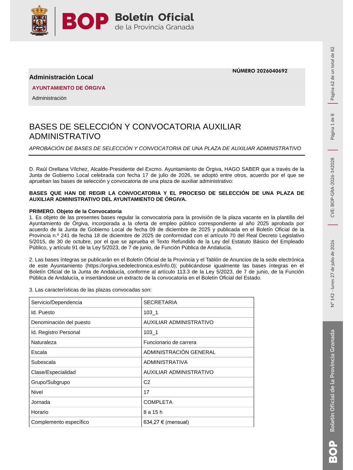 Página 1 de las bases de Auxiliar Administrativo Ayuntamiento de Órgiva 2026
