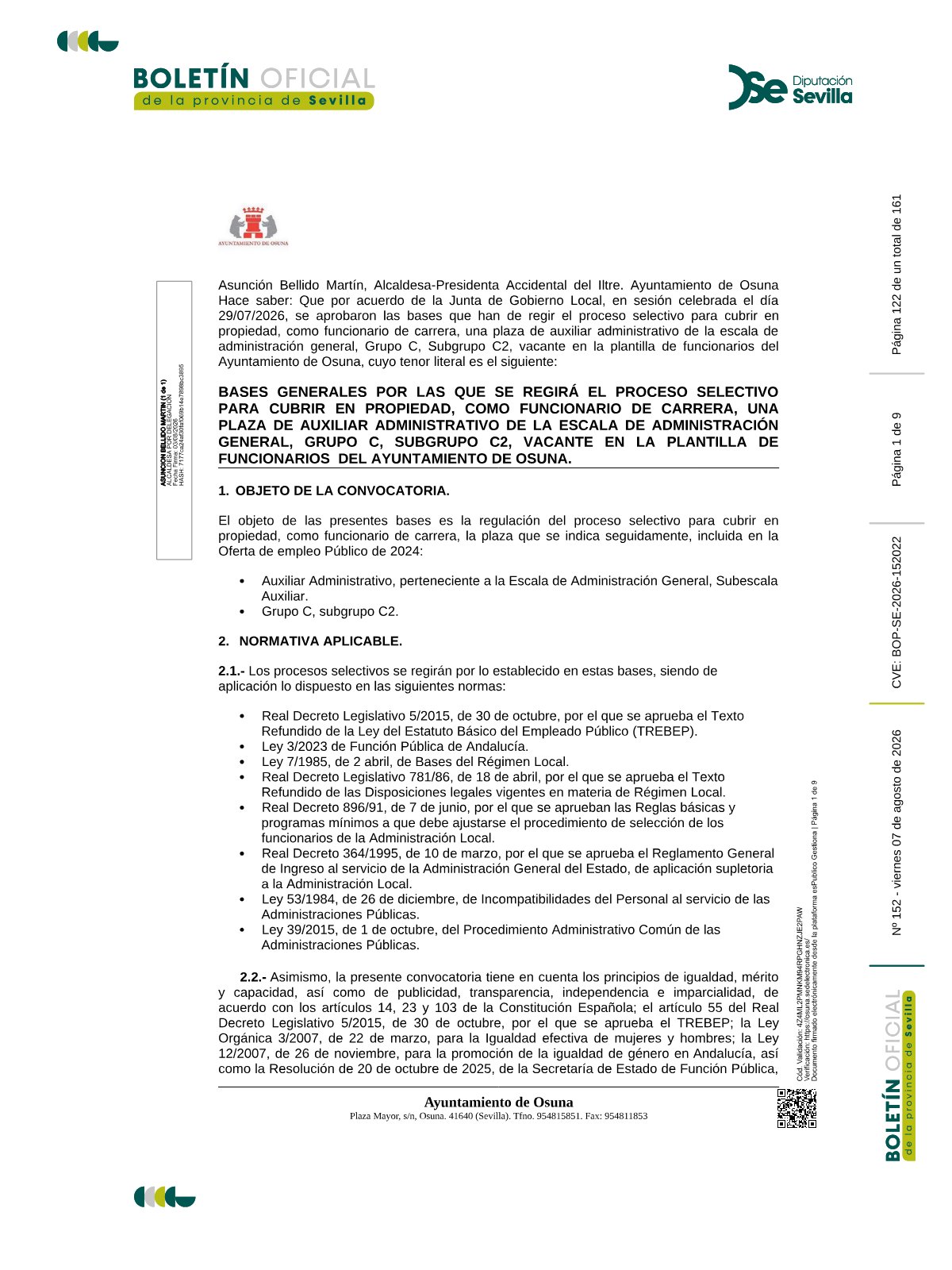 Página 1 de las bases de Auxiliar Administrativo Ayuntamiento de Osuna 2026