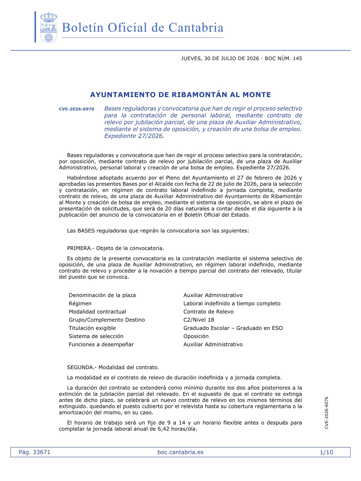 Página 1 de las bases de Auxiliar Administrativo Ayuntamiento de Ribamontán al Monte 2026